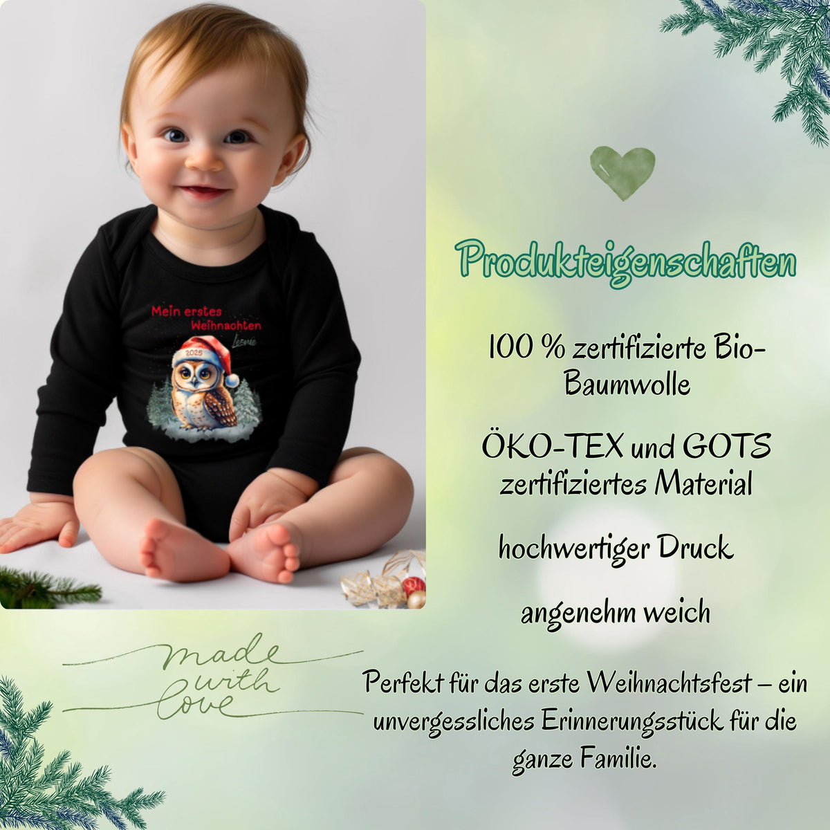 Personalisierter Langarm-Babybody mit dem Schriftzug „Mein erstes Weihnachten“. Der Body ist aus weicher, atmungsaktiver Baumwolle gefertigt und bietet höchsten Tragekomfort für Babys empfindliche Haut. Durch den hochwertigen Druck mit individuellem Namen wird jedes Stück zu einem Unikat. Ideal als Weihnachtsgeschenk für Eltern oder Großeltern, als Outfit für Fotoshootings oder als festliche Erinnerung an das erste gemeinsame Weihnachten.