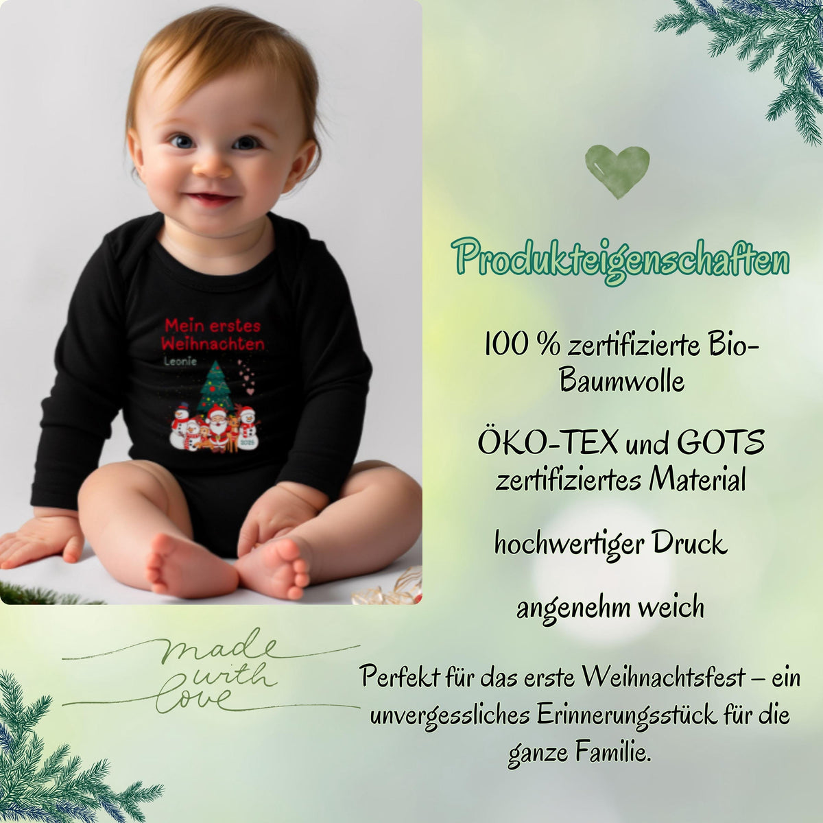 Weicher Babybody Langarm mit Personalisierung – perfekt für das erste Weihnachtsfest. Der Body überzeugt durch seine hochwertige Verarbeitung, den angenehmen Tragekomfort und den liebevollen Aufdruck „Mein erstes Weihnachten“. Mit Namensdruck wird er zu einem persönlichen Erinnerungsstück und eignet sich wunderbar für Familienfotos, Feiern oder als Geschenkidee für Eltern, Paten und Großeltern.Ideal als Weihnachtsgeschenk für Eltern oder Großeltern, als Outfit für Fotoshootings