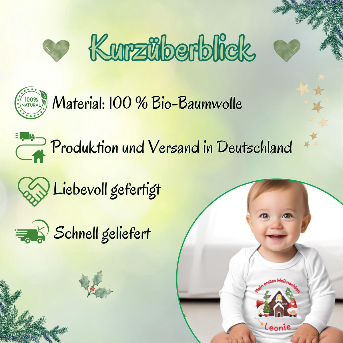 Langarm-Babybody Weihnachten aus weicher, atmungsaktiver Baumwolle mit dem Aufdruck „Mein erstes Weihnachten“. Der Body ist personalisiert mit Namen und eignet sich perfekt als Outfit für Babys erstes Weihnachtsfest. Hochwertiger Druck und bequemer Schnitt sorgen für angenehmen Tragekomfort. Ideal für Fotoshootings, Familienfeste oder als Geschenkidee für Eltern, Großeltern oder Paten. Ein liebevoll gestalteter Weihnachtsbody Baby, der Erinnerungen an die schönste Zeit des Jahres bewahrt.