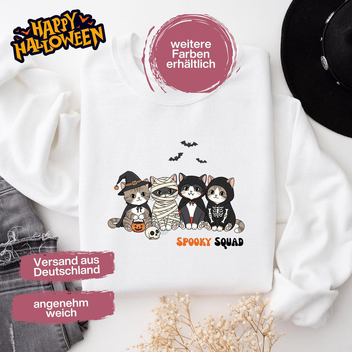 Hochwertiges Halloween Outfit für Damen und Herren – gemütlicher Halloween Pullover und Halloween Sweatshirt, ideal als Halloween Outfit Damen, Halloween Outfit Herren oder Halloween Outfit Frauen. Angesagte Halloween Sweaters und Halloween Pullis für Herbst und Party. Sweatshirts Halloween in verschiedenen Farben, auch als Kürbis Pullover Damen erhältlich. Bequemes Halloween Sweatshirt Damen und Herren – perfektes Halloween Outfit Männer. Halloween Pullover Katze Spooky Squad Katzenliebhaber