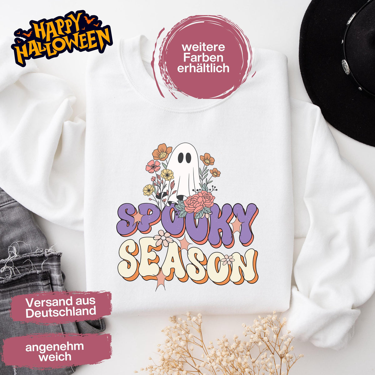 Hochwertiges Halloween Outfit für Damen und Herren – gemütlicher Halloween Pullover und Halloween Sweatshirt, ideal als Halloween Outfit Damen, Halloween Outfit Herren oder Halloween Outfit Frauen. Angesagte Halloween Sweaters und Halloween Pullis für Herbst und Party. Sweatshirts Halloween in verschiedenen Farben, auch als Kürbis Pullover Damen erhältlich. Bequemes Halloween Sweatshirt Damen und Herren – perfektes Halloween Outfit Männer. Halloween Pullover Geist Spooky Season