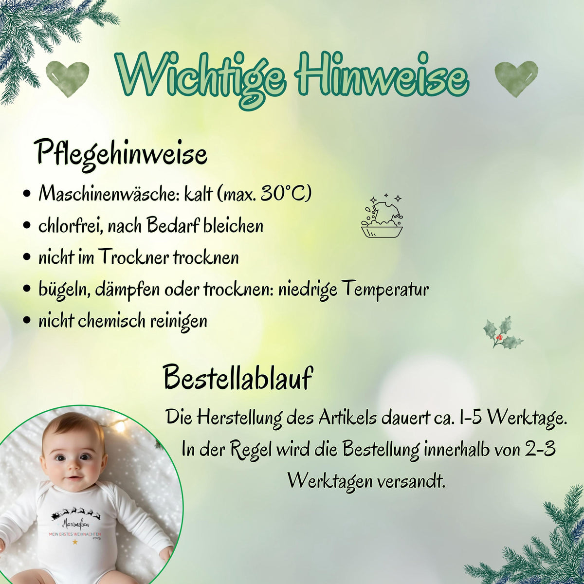 Weicher Babybody Weihnachten Langarm mit liebevollem Aufdruck „Mein erstes Weihnachten“. Der Body ist personalisiert mit Namen und überzeugt durch hautfreundliche Baumwolle, hohen Tragekomfort und beste Druckqualität. Ideal für Babys erstes Weihnachtsfest als festliches Outfit, für Fotoshootings oder als Geschenkidee für Eltern. Ein langlebiger, pflegeleichter Weihnachtsbody Baby, der Freude schenkt und Erinnerungen an das erste Weihnachtsfest schafft.