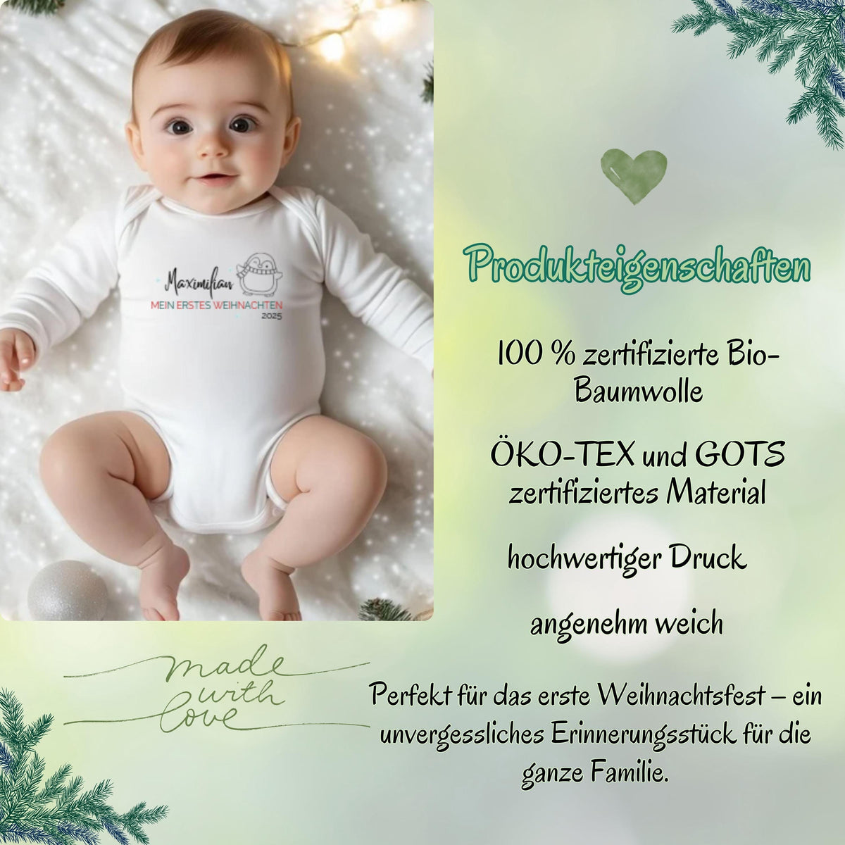 Langarm-Babybody mit Aufdruck „Mein erstes Weihnachten“, personalisiert mit Namen. Ideal als Weihnachtsbody Baby für das erste Fest, für Fotoshootings oder als Geschenkidee für Eltern und Großeltern. Der Body besteht aus hochwertiger Baumwolle, ist angenehm weich, pflegeleicht und langlebig. Perfekt als Baby Weihnachten Outfit und emotionales Andenken an die erste gemeinsame Weihnachtszeit. Weihnachtsoutfit für Babys erstes Fest, für Familienfotos oder als besonderes Geschenk