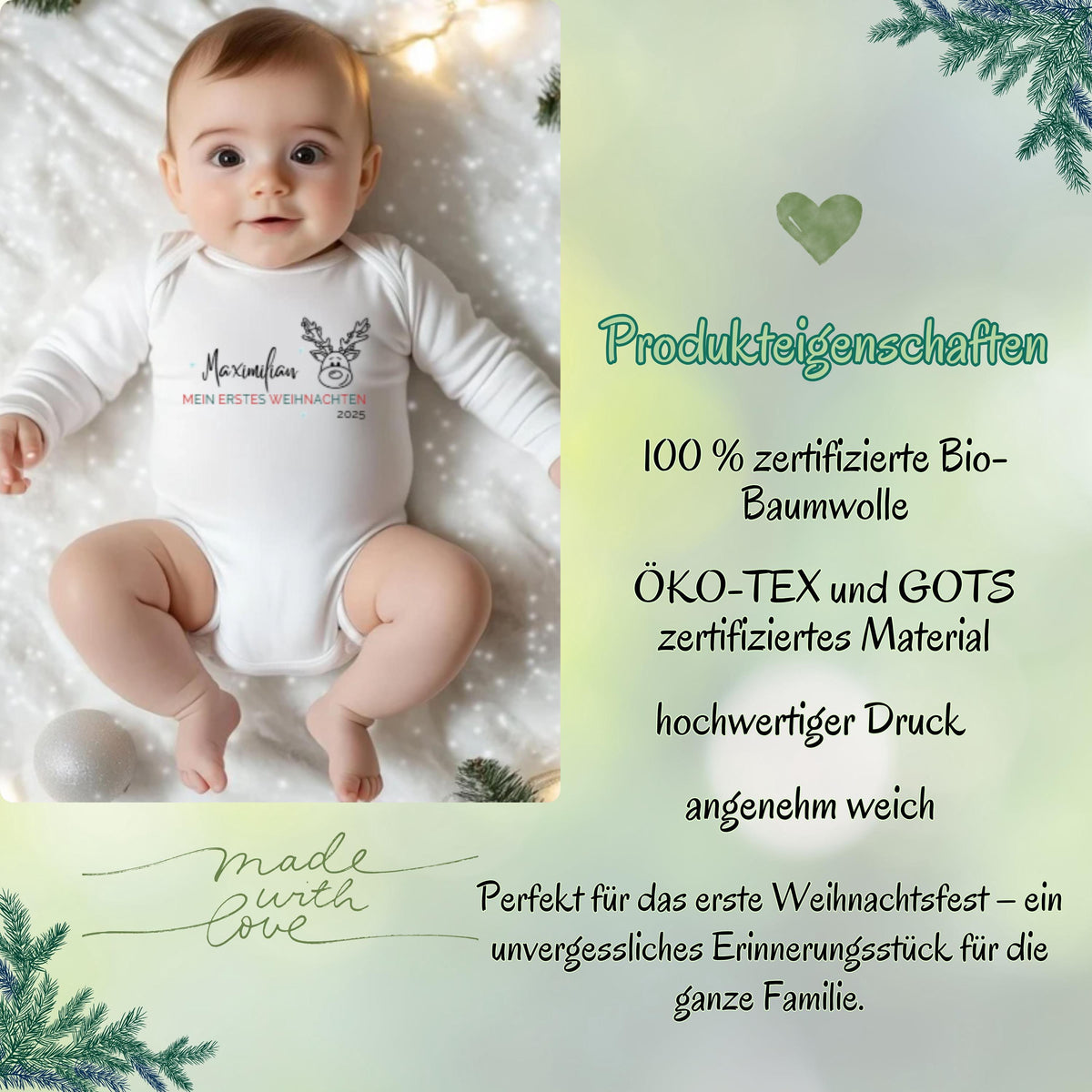 Dieser liebevoll gestaltete Babybody Weihnachten Langarm ist personalisiert mit dem Namen deines Babys und zeigt den Aufdruck „Mein erstes Weihnachten“. Das hochwertige Baumwollmaterial sorgt für höchsten Tragekomfort und ist ideal für empfindliche Babyhaut. Mit seinem weichen Stoff und dem langlebigen Druck ist er perfekt geeignet für Familienfotos, Feiern oder als besonderes Weihnachtsgeschenk. Ein wunderschönes Erinnerungsstück für Eltern und Großeltern