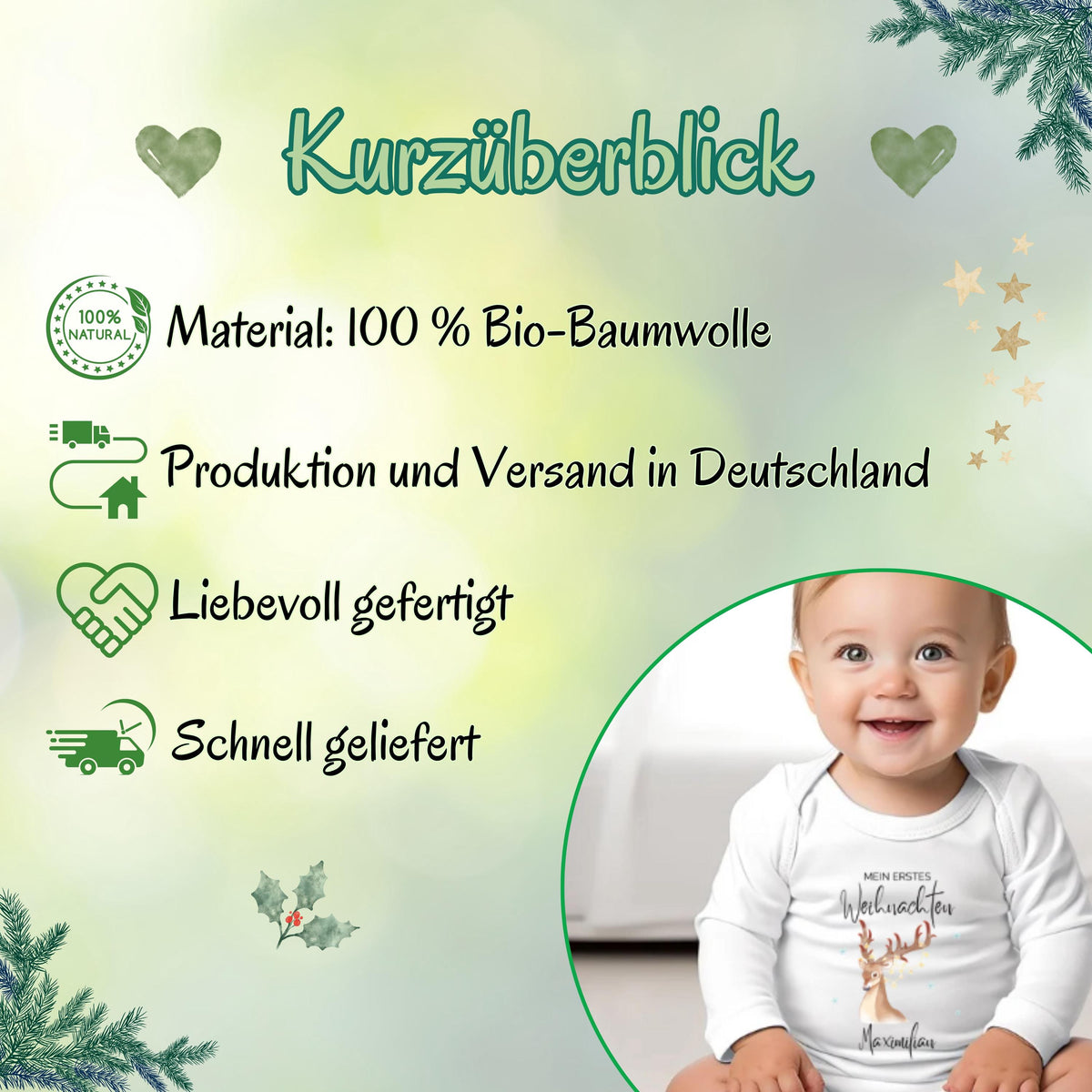 Personalisierter Babybody Weihnachten aus weicher Baumwolle mit dem Schriftzug „Mein erstes Weihnachten“. Dieser Langarmbody ist das perfekte Outfit für Babys erstes Weihnachtsfest und ein wunderschönes Geschenk für Eltern, Paten oder Großeltern. Der Druck ist hochwertig, langlebig und farbintensiv. Durch die bequeme Passform eignet sich der Body ideal für Fotoshootings, Familienfeiern oder kuschelige Wintertage. Ein festlicher Weihnachtsbody Baby, der Erinnerungen schafft.