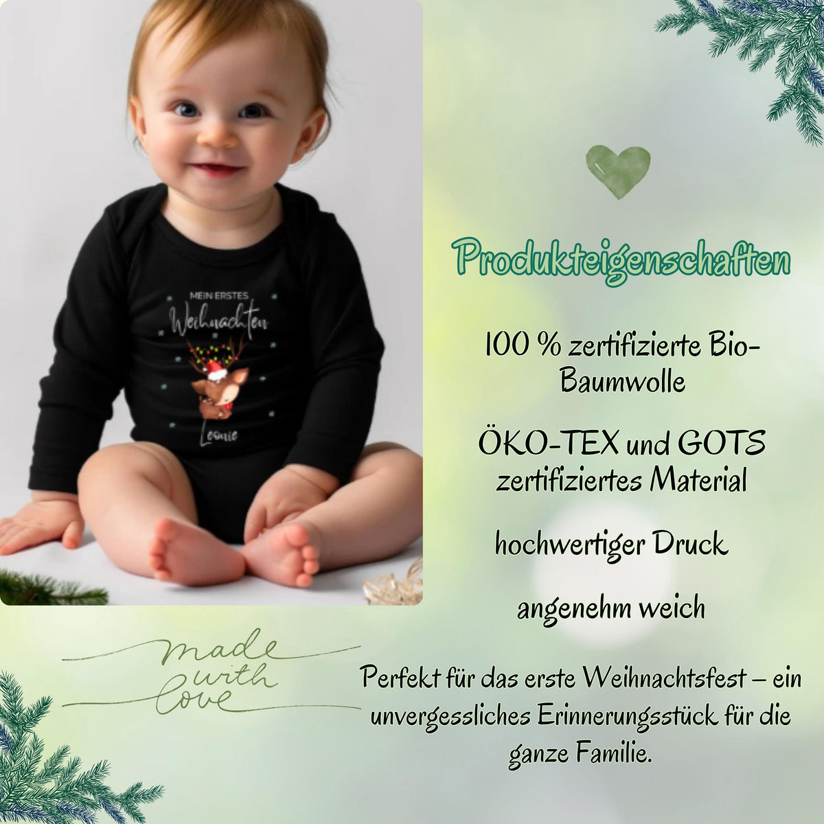 Langarm-Babybody Weihnachten mit Aufdruck „Mein erstes Weihnachten“ – personalisiert mit Namen und gefertigt aus angenehm weicher Baumwolle. Der Body bietet höchsten Tragekomfort und ist ideal für Fotoshootings, Familienfeste oder als liebevolles Geschenk zum ersten Weihnachtsfest. Langlebiger Druck, pflegeleichtes Material und liebevolles Design machen diesen Weihnachtsbody Baby zu einem besonderen Erinnerungsstück, das Eltern und Großeltern begeistert.