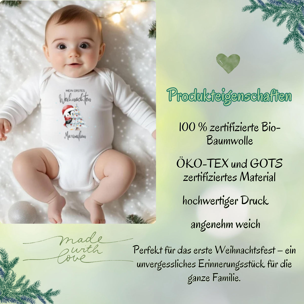Dieser personalisierte Babybody Weihnachten Langarm mit Namen ist das perfekte Outfit für Babys erstes Weihnachtsfest. Aus hochwertiger Baumwolle gefertigt, bietet er weichen Tragekomfort und ist ideal für Fotoshootings, Feiern oder gemütliche Wintertage. Der Body ist langlebig, pflegeleicht und überzeugt durch einen klaren, hochwertigen Aufdruck. Eine wunderbare Geschenkidee für Eltern, Großeltern oder Paten, die ein liebevolles Erinnerungsstück für Weihnachten suchen.
