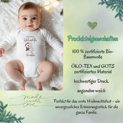 Dieser personalisierte Babybody Weihnachten Langarm mit Namen ist das perfekte Outfit für Babys erstes Weihnachtsfest. Aus hochwertiger Baumwolle gefertigt, bietet er weichen Tragekomfort und ist ideal für Fotoshootings, Feiern oder gemütliche Wintertage. Der Body ist langlebig, pflegeleicht und überzeugt durch einen klaren, hochwertigen Aufdruck. Eine wunderbare Geschenkidee für Eltern, Großeltern oder Paten, die ein liebevolles Erinnerungsstück für Weihnachten suchen.