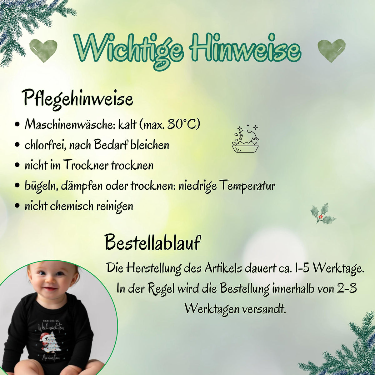 Dieser personalisierte Babybody Weihnachten Langarm mit Namen ist das perfekte Outfit für Babys erstes Weihnachtsfest. Aus hochwertiger Baumwolle gefertigt, bietet er weichen Tragekomfort und ist ideal für Fotoshootings, Feiern oder gemütliche Wintertage. Der Body ist langlebig, pflegeleicht und überzeugt durch einen klaren, hochwertigen Aufdruck. Eine wunderbare Geschenkidee für Eltern, Großeltern oder Paten, die ein liebevolles Erinnerungsstück für Weihnachten suchen.