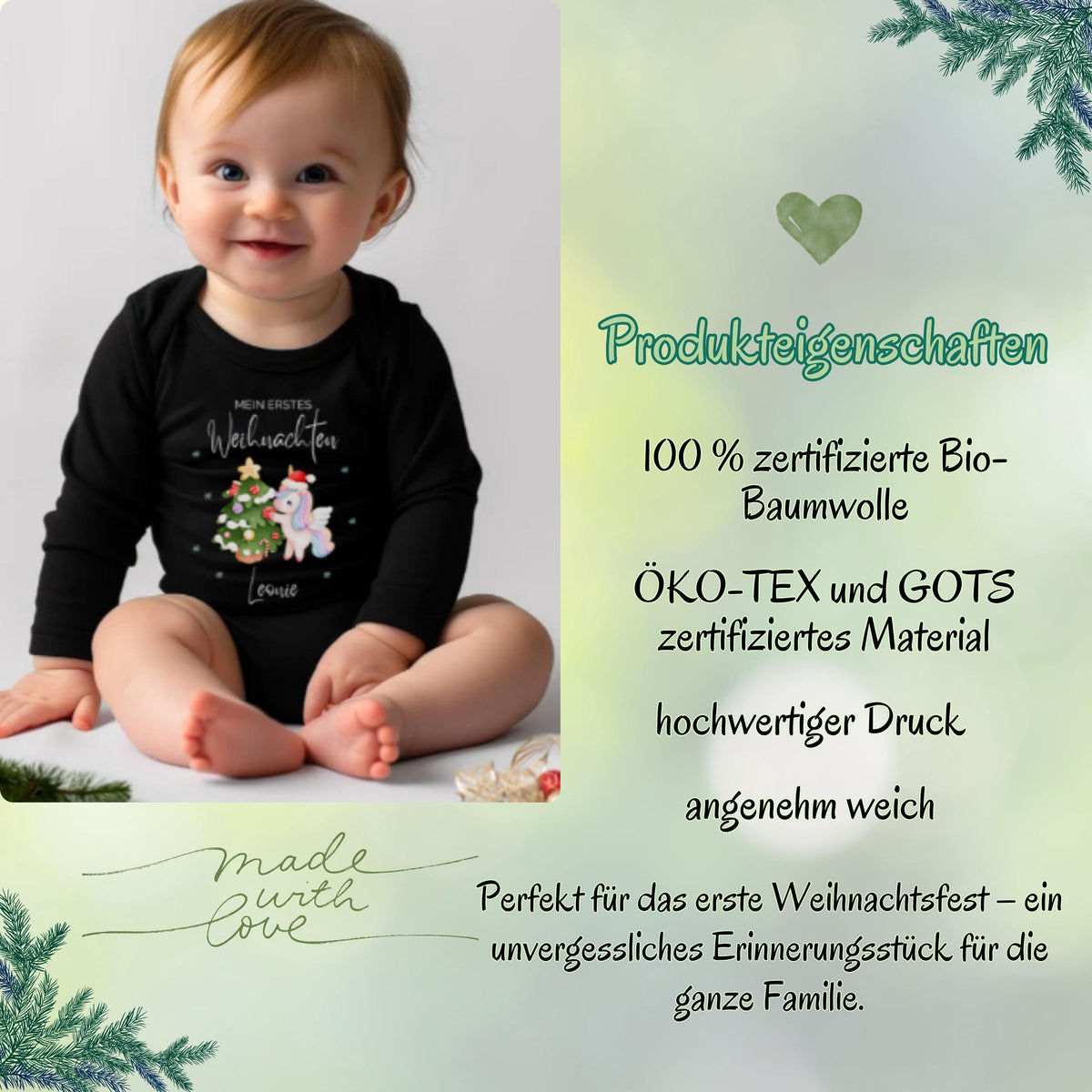 Langarm-Babybody Weihnachten mit dem Aufdruck „Mein erstes Weihnachten“, individuell mit Namen personalisiert. Der Body besteht aus weicher, hautfreundlicher Baumwolle und bietet optimalen Tragekomfort. Ideal als Weihnachtsoutfit, für Fotoshootings oder als besonderes Geschenk für Eltern und Großeltern. Hochwertiger Druck, langlebige Qualität und liebevolle Verarbeitung machen diesen Weihnachtsbody Baby zu einem festlichen Lieblingsstück für die Feiertage.