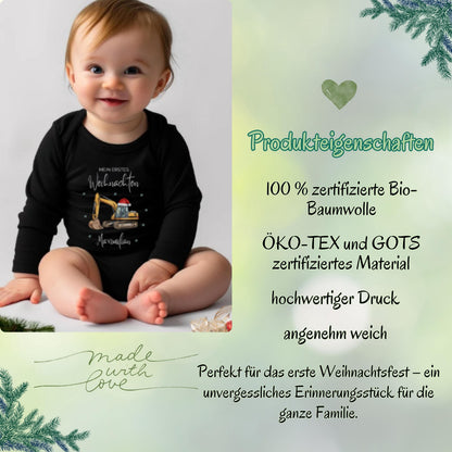 Hochwertiger Babybody Weihnachten Langarm mit Personalisierung. Der Aufdruck „Mein erstes Weihnachten“ macht den Body zum perfekten Outfit für das erste Weihnachtsfest. Weich, bequem und pflegeleicht – ideal für Familienfotos oder festliche Anlässe. Dank langlebigem Druck und sorgfältiger Verarbeitung bleibt der Weihnachtsbody Baby auch nach vielen Wäschen schön. Eine liebevolle Geschenkidee für Eltern, Großeltern oder Paten.