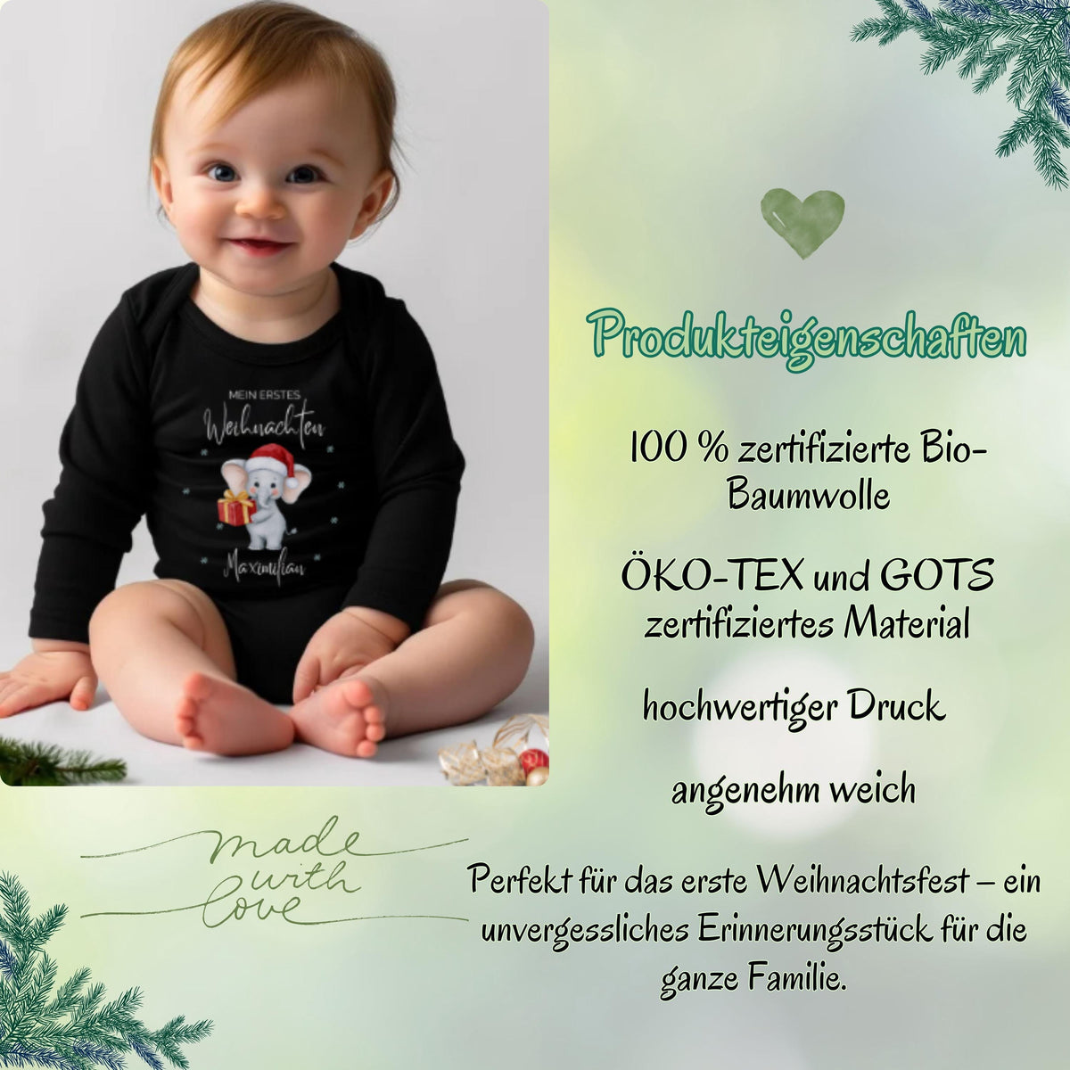 Langarm-Babybody Weihnachten mit personalisierbarem Namen, gefertigt aus weicher Baumwolle und bedruckt mit „Mein erstes Weihnachten“. Der Body bietet eine bequeme Passform und langlebige Qualität. Ideal für Babys erstes Fest, als Weihnachtsoutfit, für Fotoshootings oder als liebevolles Geschenk für Eltern, Großeltern oder Paten. Ein hochwertiger Weihnachtsbody Baby, der Komfort und Erinnerungswert perfekt vereint.