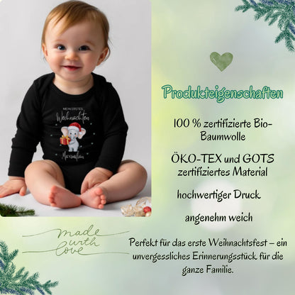 Langarm-Babybody Weihnachten mit personalisierbarem Namen, gefertigt aus weicher Baumwolle und bedruckt mit „Mein erstes Weihnachten“. Der Body bietet eine bequeme Passform und langlebige Qualität. Ideal für Babys erstes Fest, als Weihnachtsoutfit, für Fotoshootings oder als liebevolles Geschenk für Eltern, Großeltern oder Paten. Ein hochwertiger Weihnachtsbody Baby, der Komfort und Erinnerungswert perfekt vereint.