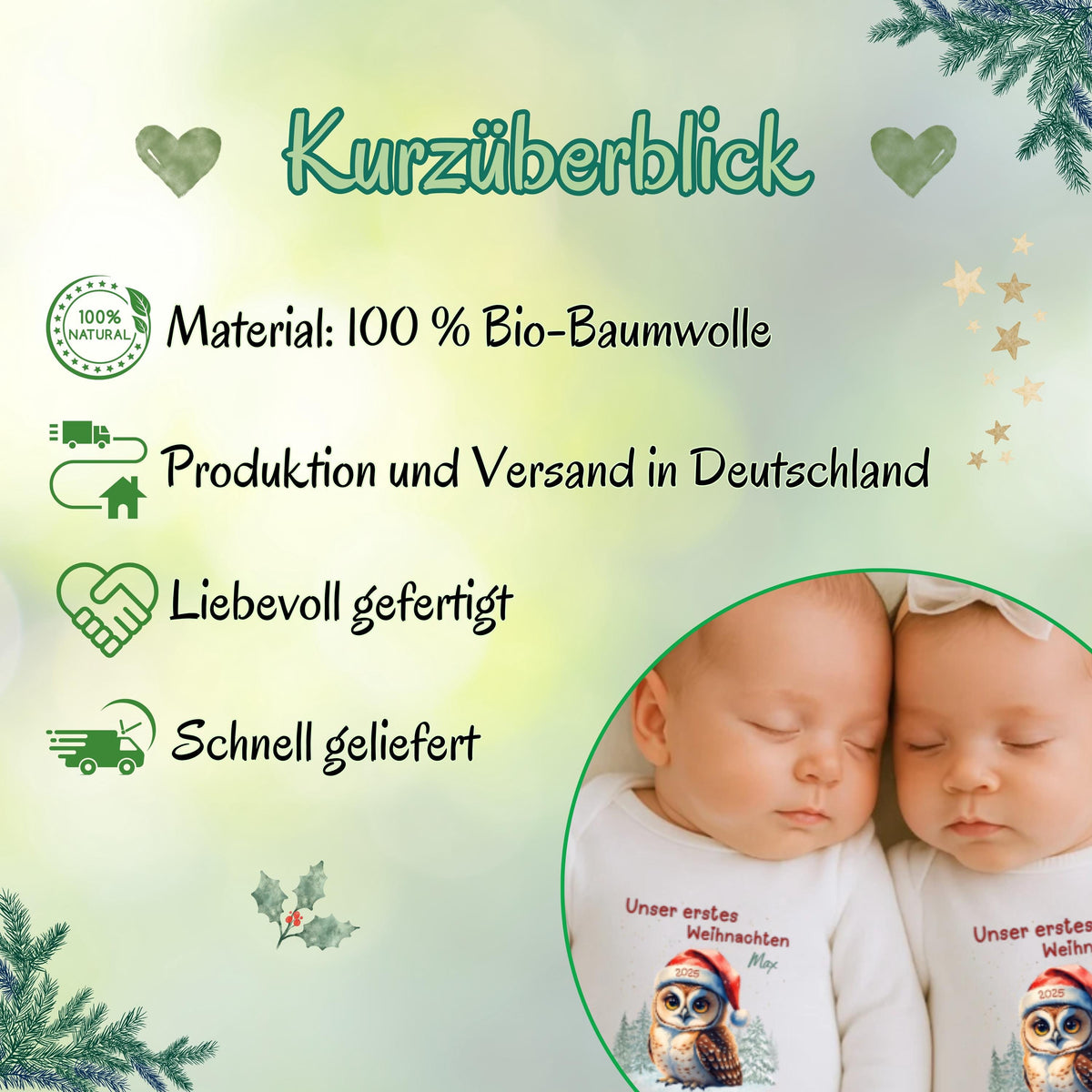 Ein Body, zwei Herzen – der Langarm-Babybody „Unser erstes Weihnachten Zwillinge“ ist ein festliches Weihnachtsoutfit für Babys. Gefertigt aus 100 % Bio-Baumwolle, personalisierbar mit Namen, nachhaltig und hautfreundlich. Perfekt für Familienfotos, als Geschenkidee oder als Andenken an das erste gemeinsame Weihnachtsfest. Dieser Weihnachtsbody Zwillinge personalisiert vereint Stil, Liebe und Nachhaltigkeit – das ideale Geschenk Weihnachten Baby.