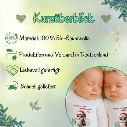 Ein Body, zwei Herzen – der Langarm-Babybody „Unser erstes Weihnachten Zwillinge“ ist ein festliches Weihnachtsoutfit für Babys. Gefertigt aus 100 % Bio-Baumwolle, personalisierbar mit Namen, nachhaltig und hautfreundlich. Perfekt für Familienfotos, als Geschenkidee oder als Andenken an das erste gemeinsame Weihnachtsfest. Dieser Weihnachtsbody Zwillinge personalisiert vereint Stil, Liebe und Nachhaltigkeit – das ideale Geschenk Weihnachten Baby.