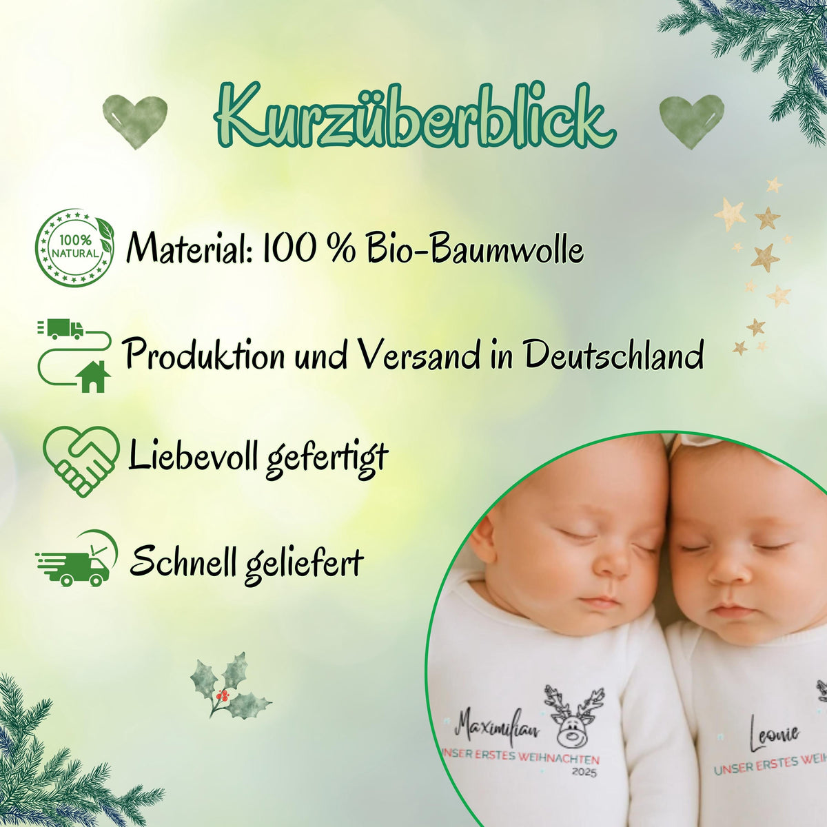 Doppelte Freude unterm Weihnachtsbaum – unser erstes Weihnachten Zwillinge wird mit diesem personalisierten Babybody unvergesslich. Aus weicher Bio-Baumwolle gefertigt, liebevoll bedruckt und auf Wunsch mit Namen personalisiert. Ideal als Weihnachtsgeschenk für Eltern, Großeltern oder Paten. Dieses festliche Weihnachtsoutfit Zwillinge verbindet Emotion, Nachhaltigkeit und Qualität – ein Erinnerungsstück voller Liebe für Babys erstes gemeinsames Fest.