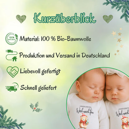 Zwei kleine Sterne feiern unser erstes Weihnachten – der Weihnachtsbody Zwillinge aus Bio-Baumwolle ist personalisierbar, weich und hautfreundlich. Perfekt für Fotos, Familienfeiern oder als Geschenkidee. Dieses nachhaltige Weihnachtsoutfit Baby steht für doppelte Freude, Liebe und die Magie der ersten Weihnachtszeit. Ein hochwertiger Babybody Zwillinge Weihnachten, der Komfort, Stil und Erinnerungswert vereint – ideal als personalisiertes Weihnachtsgeschenk.