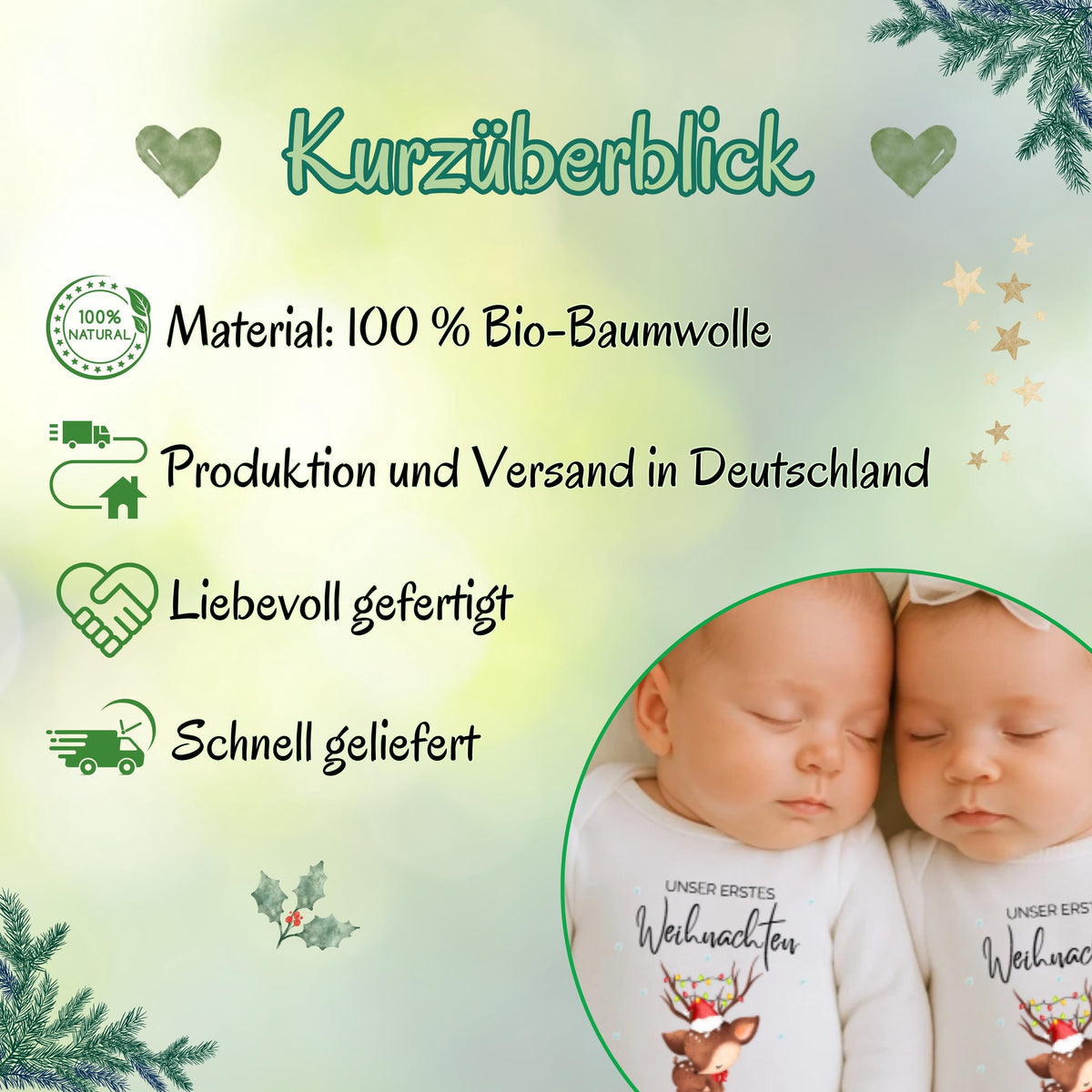 Erstes Weihnachten zu zweit – der Babybody „Unser erstes Weihnachten Zwillinge“ ist das perfekte Weihnachtsoutfit für Babys. Gefertigt aus Bio-Baumwolle, personalisierbar mit Namen und liebevoll bedruckt. Ideal für Fotoshootings, Familienfeste oder als Geschenk für Eltern. Dieser Weihnachtsbody Zwillinge personalisiert symbolisiert doppelte Liebe, Geborgenheit und festliche Freude – ein nachhaltiges Erinnerungsstück für Babys erstes Weihnachten.