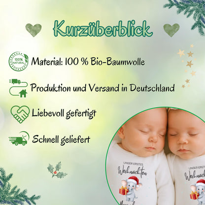Zwei kleine Engel feiern unser erstes Weihnachten – der Babybody Zwillinge Weihnachten ist ein personalisierbares Weihnachtsoutfit aus Bio-Baumwolle. Weich, langlebig und hautfreundlich, ideal für Familienfotos, Heiligabend oder als Geschenkidee. Dieses liebevoll gestaltete Weihnachtsgeschenk Zwillinge bringt doppelte Wärme, Liebe und Freude ins Fest – ein unvergessliches Erinnerungsstück für Eltern und Großeltern. Weihnachtsbody Zwillinge Geschenkidee Baby Outfit