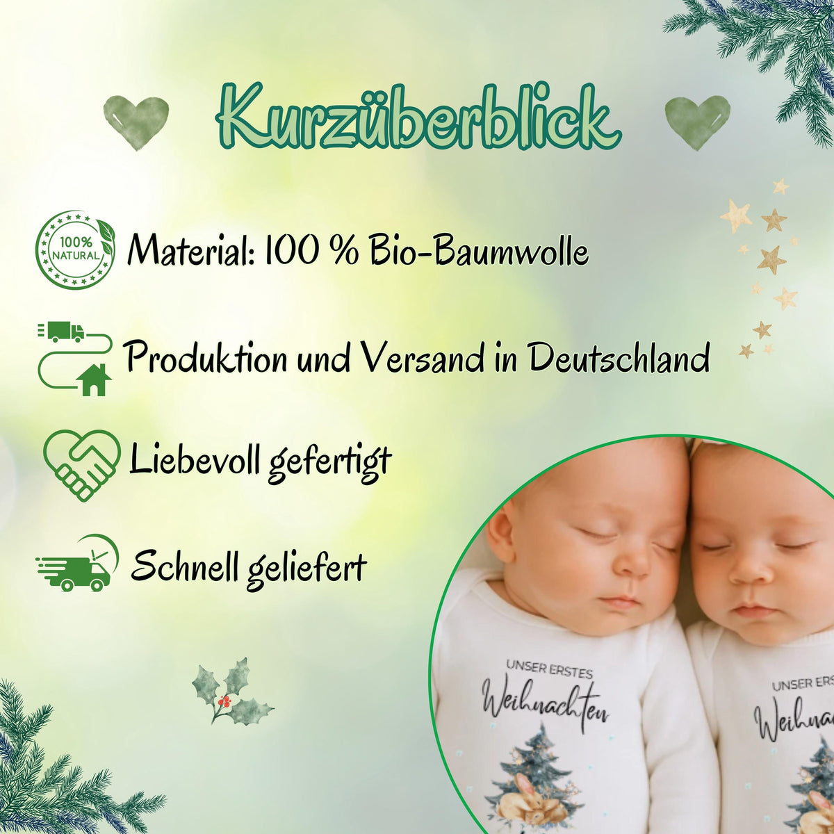 Doppelt süß, doppelt besonders – der Weihnachtsbody Zwillinge „Unser erstes Weihnachten“ ist das perfekte Outfit für das erste gemeinsame Fest. Personalisierbar, aus nachhaltiger Bio-Baumwolle gefertigt und ideal für Fotos oder als Weihnachtsgeschenk. Dieses festliche Babybody Zwillinge Weihnachten Motiv steht für Liebe, Familie und doppelte Weihnachtsfreude – ein hochwertiges Erinnerungsstück und Geschenkidee für Babys.