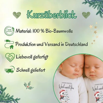 Zwei kleine Wunder, ein festlicher Look – der Babybody „Unser erstes Weihnachten Zwillinge“ ist das ideale Weihnachtsoutfit für Babys. Gefertigt aus 100 % Bio-Baumwolle, personalisierbar mit Namen und liebevoll bedruckt. Nachhaltig, weich und langlebig – dieser Weihnachtsbody Zwillinge eignet sich perfekt als Geschenk Weihnachten Baby, fürs Familien-Fotoshooting oder als Andenken an das erste gemeinsame Fest.
Weihnachtsbody Zwillinge Geschenkidee personalisiert mit Namen