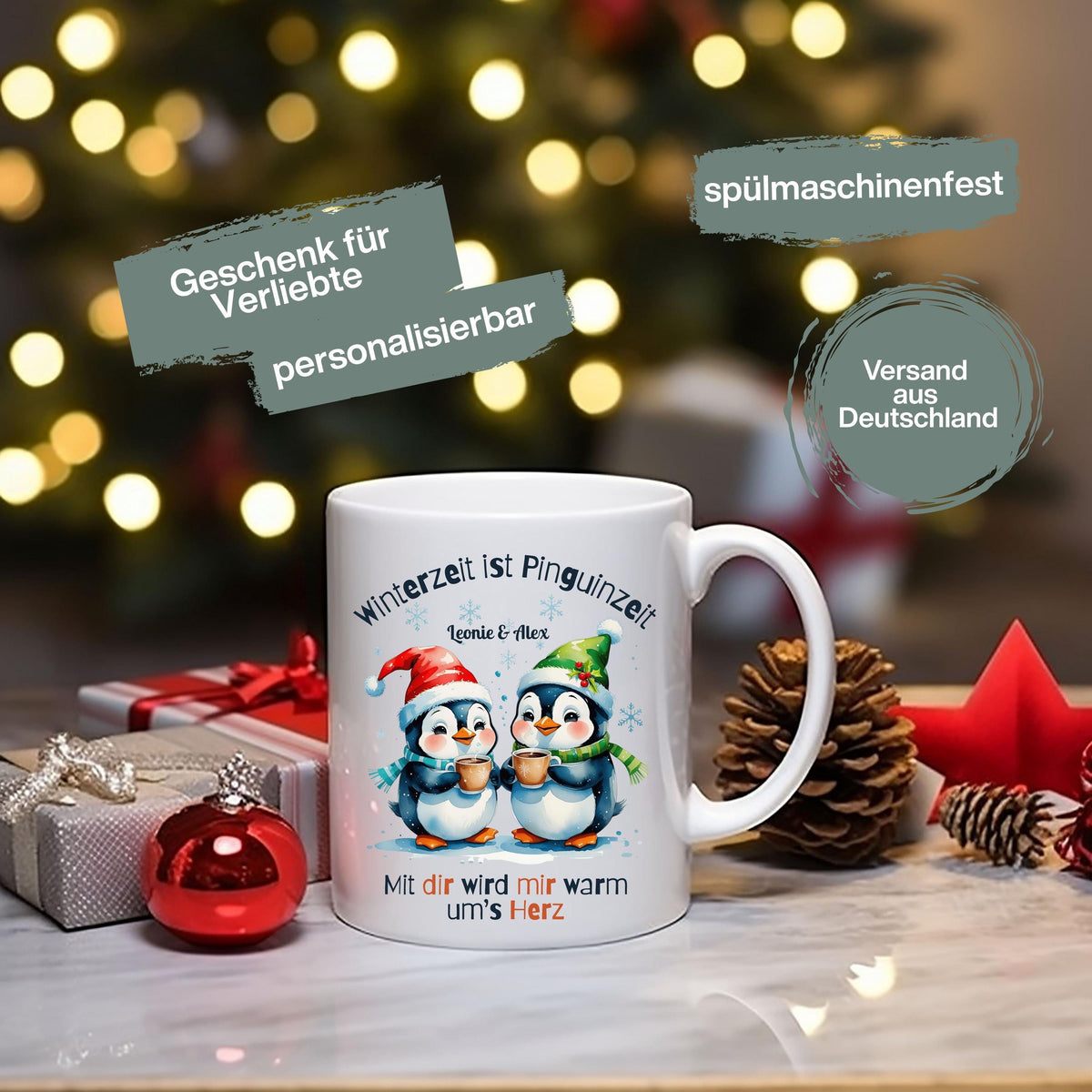 Personalisierte Weihnachtstasse für Paare mit Namen, ideal als liebevolles Weihnachtsgeschenk für Freund, Freundin oder Ehepartner. Hochwertige Keramiktasse mit festlichem Design und langlebigem Druck – perfekt für gemütliche Winterabende zu zweit. Diese Partner-Tasse ist ein besonderes Geschenk unter dem Weihnachtsbaum oder als kleines Wichtelgeschenk mit persönlicher Note. Ein romantisches Weihnachtsgeschenk, das jeden Morgen an die gemeinsame Zeit erinnert.