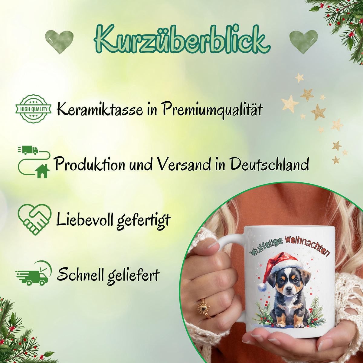 Lustige Weihnachtstasse mit Hundemotiv: Süßer Welpe mit Weihnachtsmütze und Mistelzweigen vor winterlichem Hintergrund. Die Aufschrift „Wuffelige Weihnachten“ macht die Tasse zum idealen Weihnachtsgeschenk für Hundeliebhaber. Perfekt als Wichtelgeschenk Idee, kleines Geschenk Weihnachten oder Glühweintasse. Diese hochwertige Tasse Weihnachten eignet sich wunderbar als Weihnachtsgeschenk Freundin, Geschenk für Mama oder Kollegin Geschenk. Ein liebevoller Hingucker für gemütliche Adventsmomente.