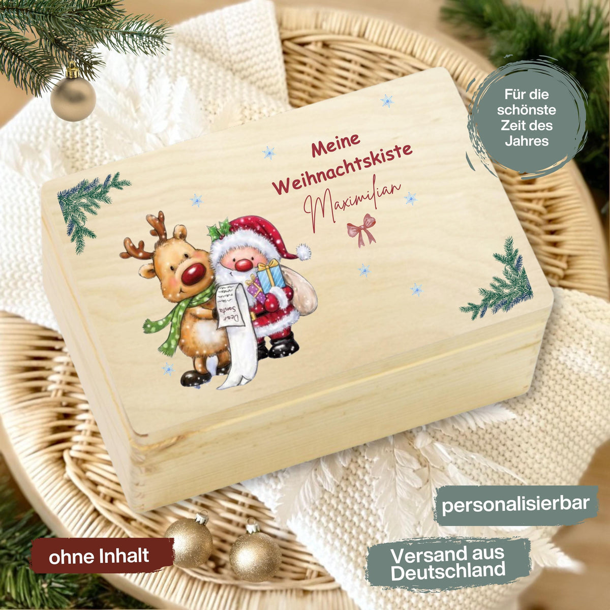 Personalisierte Adventskiste aus Holz mit Namen – hochwertige Weihnachtsbox als nachhaltige Geschenkverpackung, Aufbewahrungsbox oder DIY-Adventskalender zum Befüllen. Die Holzkiste Weihnachten bietet Platz für kleine Geschenke, Schokolade, Briefe oder Fotos und ist eine liebevolle Geschenkidee für Kinder, Familie oder Freunde. Hochwertig verarbeitet, wiederverwendbar und stilvoll – ein zeitloses, persönliches Weihnachtsgeschenk mit Erinnerungswert und festlichem Design.