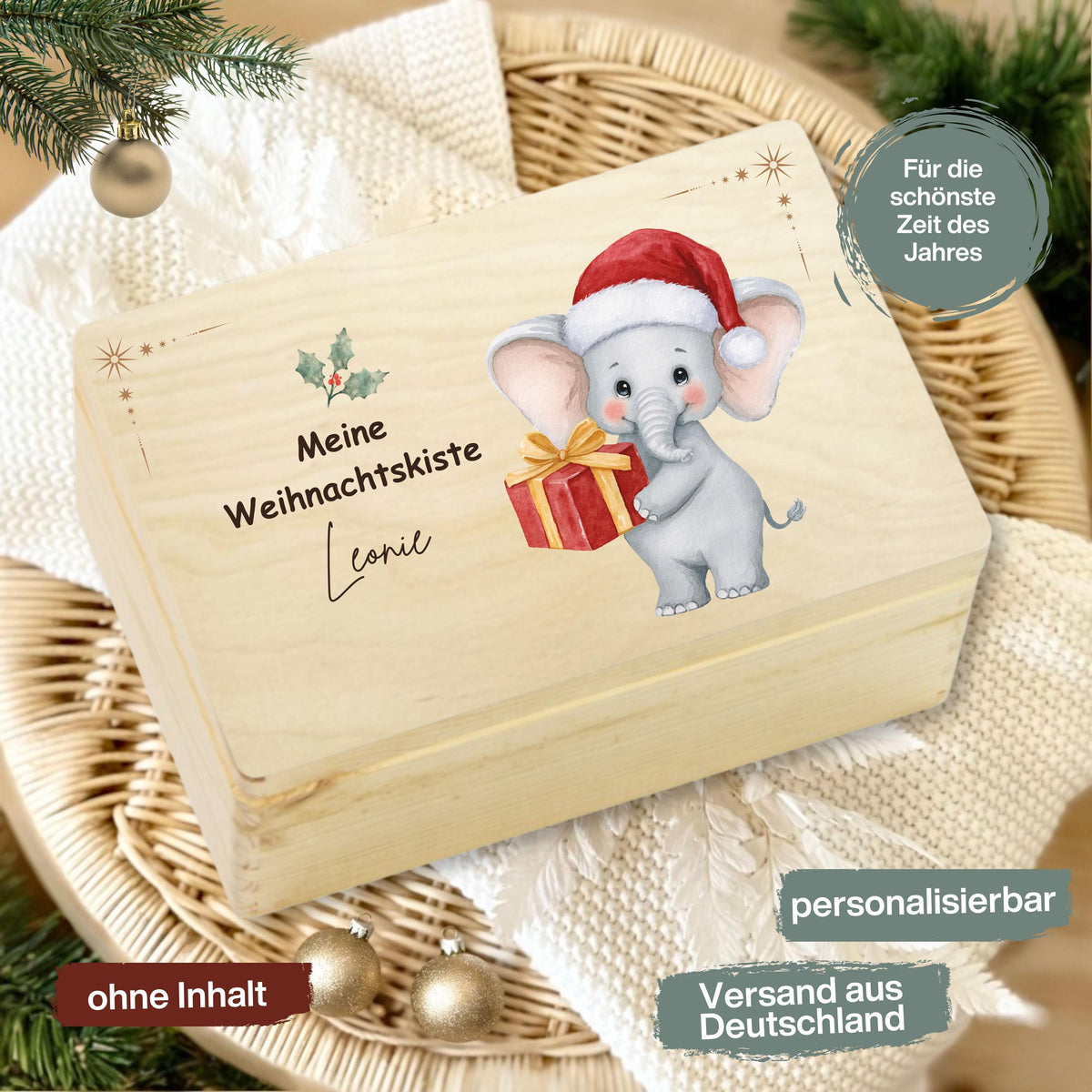 Personalisierte Weihnachtskiste aus Holz mit Namen – nachhaltige Geschenkbox Weihnachten für Kinder, Familie oder Partner. Ideal als Adventskiste, Weihnachtsüberraschung oder DIY-Adventskalender zum Befüllen. Diese Holzkiste Weihnachten ist hochwertig verarbeitet, individuell bedruckt und perfekt als Geschenkidee zu Weihnachten, für Nikolaus oder als dekorative Aufbewahrungsbox. Eine stilvolle Weihnachtsgeschenkverpackung mit persönlicher Note.