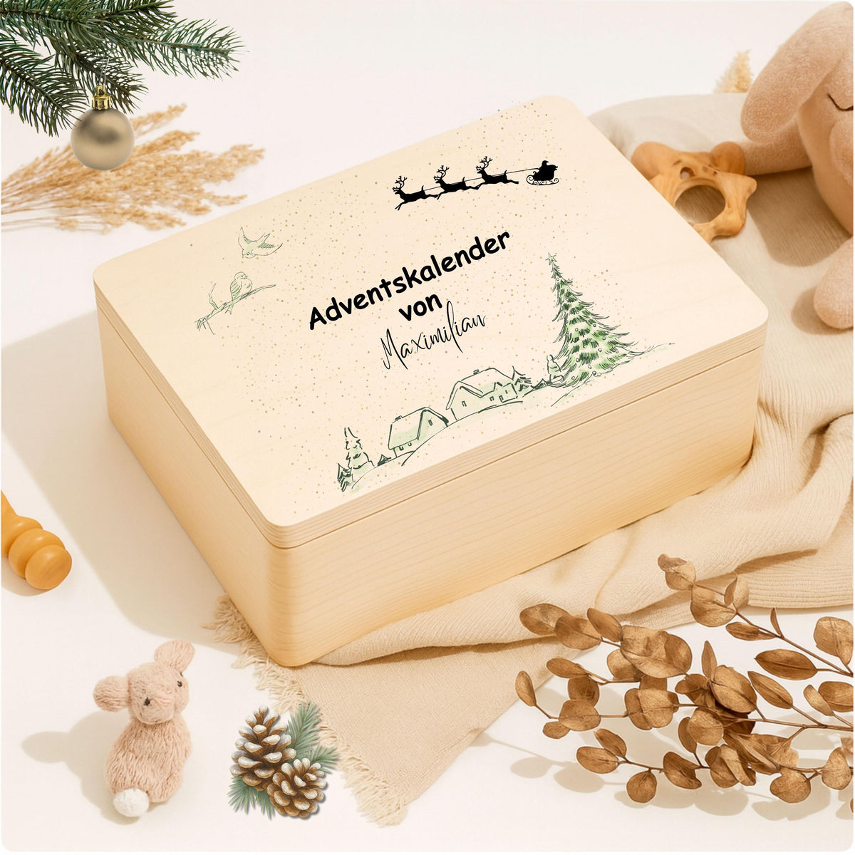 Adventskalender aus Holz personalisiert – kreative Holzkiste Weihnachten mit Namen, perfekt als DIY Adventskiste zum Selbstbefüllen. Diese hochwertige Adventsbox ohne Inhalt bietet Platz für kleine Geschenke, Schokolade oder liebevolle Überraschungen. Ideal für Familie, Kinder oder Paare als personalisiertes Weihnachtsgeschenk. Nachhaltig produziert, wiederverwendbar und stilvoll – ein Must-have für festliche Deko und persönliche Adventsfreude.