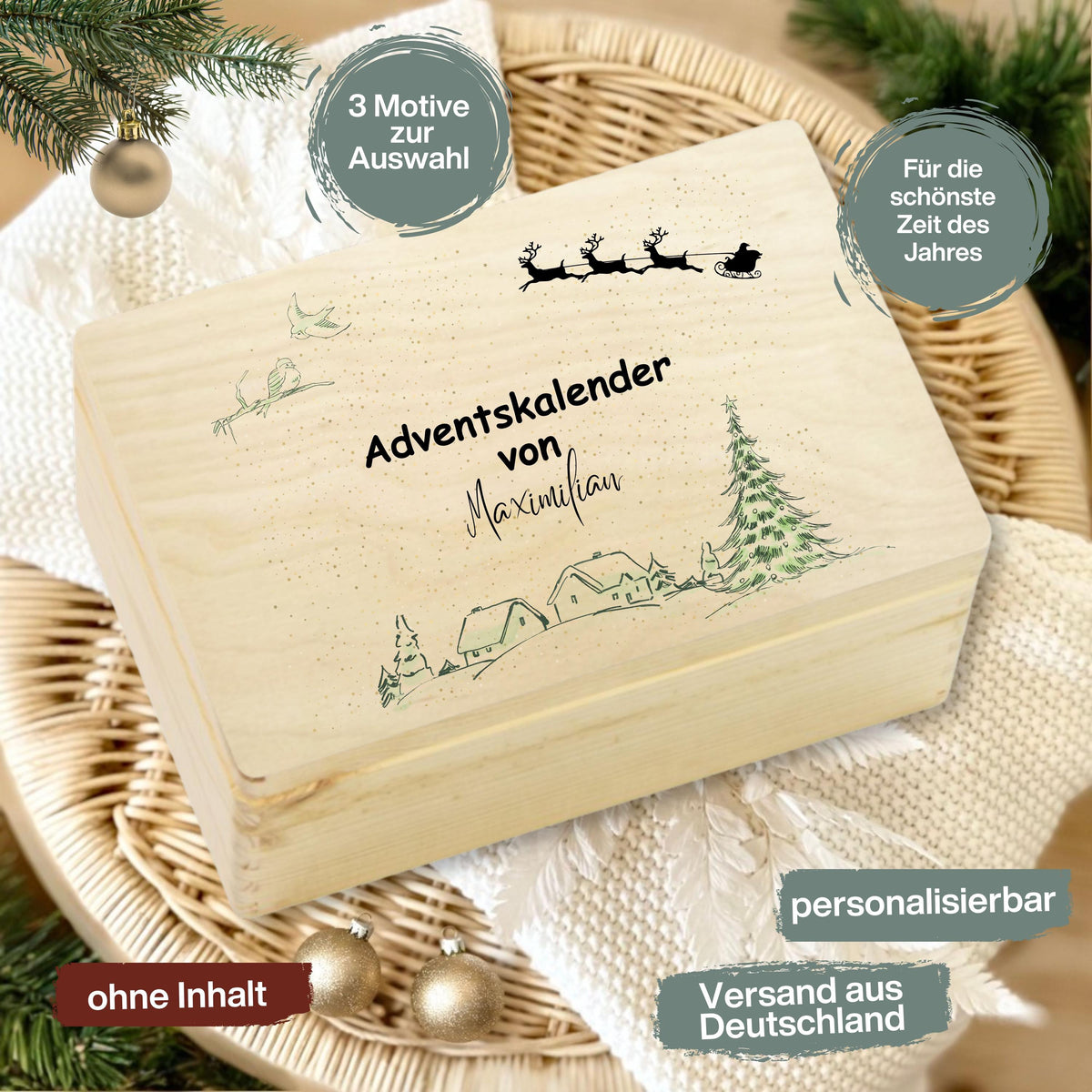 Adventskalender aus Holz personalisiert – kreative Holzkiste Weihnachten mit Namen, perfekt als DIY Adventskiste zum Selbstbefüllen. Diese hochwertige Adventsbox ohne Inhalt bietet Platz für kleine Geschenke, Schokolade oder liebevolle Überraschungen. Ideal für Familie, Kinder oder Paare als personalisiertes Weihnachtsgeschenk. Nachhaltig produziert, wiederverwendbar und stilvoll – ein Must-have für festliche Deko und persönliche Adventsfreude.