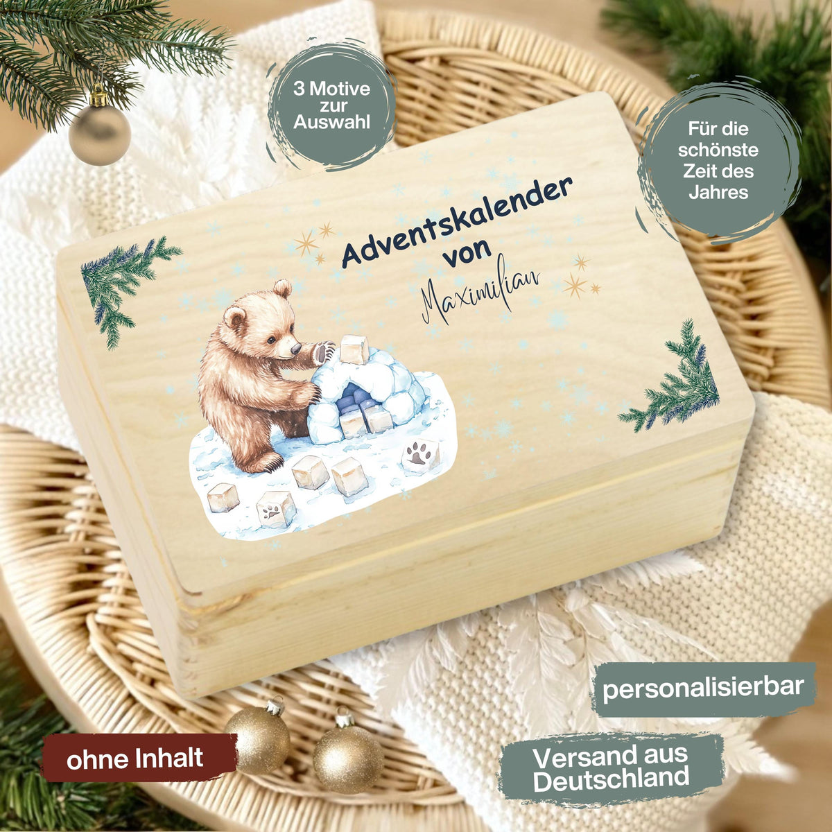 Adventskalender Holzbox personalisiert – liebevoll bedruckte Holzkiste Weihnachten mit Namen, ideal zum Selbstbefüllen. Diese DIY Adventskiste ohne Inhalt ist perfekt für Kinder, Familie oder Freunde als kreative Geschenkidee Weihnachten. Nachhaltig gefertigt, langlebig und vielseitig nutzbar – ob als Aufbewahrungsbox, Adventsdekoration oder personalisierte Geschenkverpackung für 24 kleine Überraschungen. Geschenkbox Adventskalender personalisiert Holzkiste mit Namen