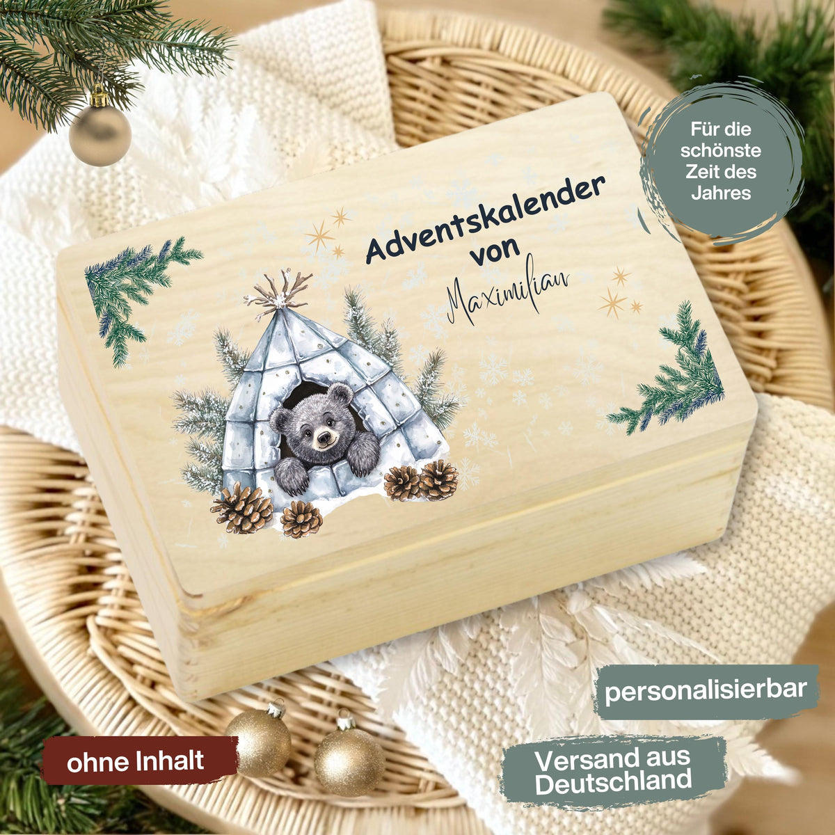 Adventskalender Holzbox personalisiert – liebevoll bedruckte Holzkiste Weihnachten mit Namen, ideal zum Selbstbefüllen. Diese DIY Adventskiste ohne Inhalt ist perfekt für Kinder, Familie oder Freunde als kreative Geschenkidee Weihnachten. Nachhaltig gefertigt, langlebig und vielseitig nutzbar – ob als Aufbewahrungsbox, Adventsdekoration oder personalisierte Geschenkverpackung für 24 kleine Überraschungen. Geschenkbox Adventskalender personalisiert Holzkiste mit Namen
