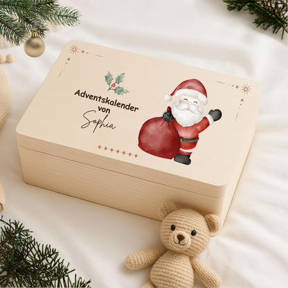 Wiederverwendbare Adventskiste Holz personalisiert mit Namen – nachhaltige Adventskalender-Kiste Weihnachten ohne Inhalt. Ideal für Familien, die eigene Rituale schaffen möchten. Diese Holzkiste kann jedes Jahr neu befüllt werden – mit Süßigkeiten, Briefen oder kleinen Überraschungen. DIY-Adventskalender Holz personalisiert, stabil und hochwertig verarbeitet. Eine stilvolle Adventskiste Holz, die Tradition, Nachhaltigkeit und Individualität vereint Adventskiste Adventskalender zum Selbstbefüllen