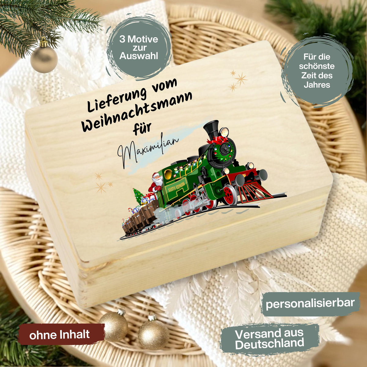 Lieferung vom Weihnachtsmann – Weihnachtskiste Holz personalisiert mit Namen, ideal als Geschenkverpackung Weihnachten oder Adventskiste. Diese dekorative Holzkiste sorgt für leuchtende Augen bei Groß und Klein. Nachhaltig, langlebig und liebevoll gestaltet – perfekt für Weihnachtsgeschenke, Wichtelüberraschungen oder persönliche Botschaften vom Weihnachtsmann. Edles Design mit Gravur und rustikalem Charme, passend zu jeder Weihnachtsdekoration. Adventskiste Geschenkbox Weihnachten Adventskiste
