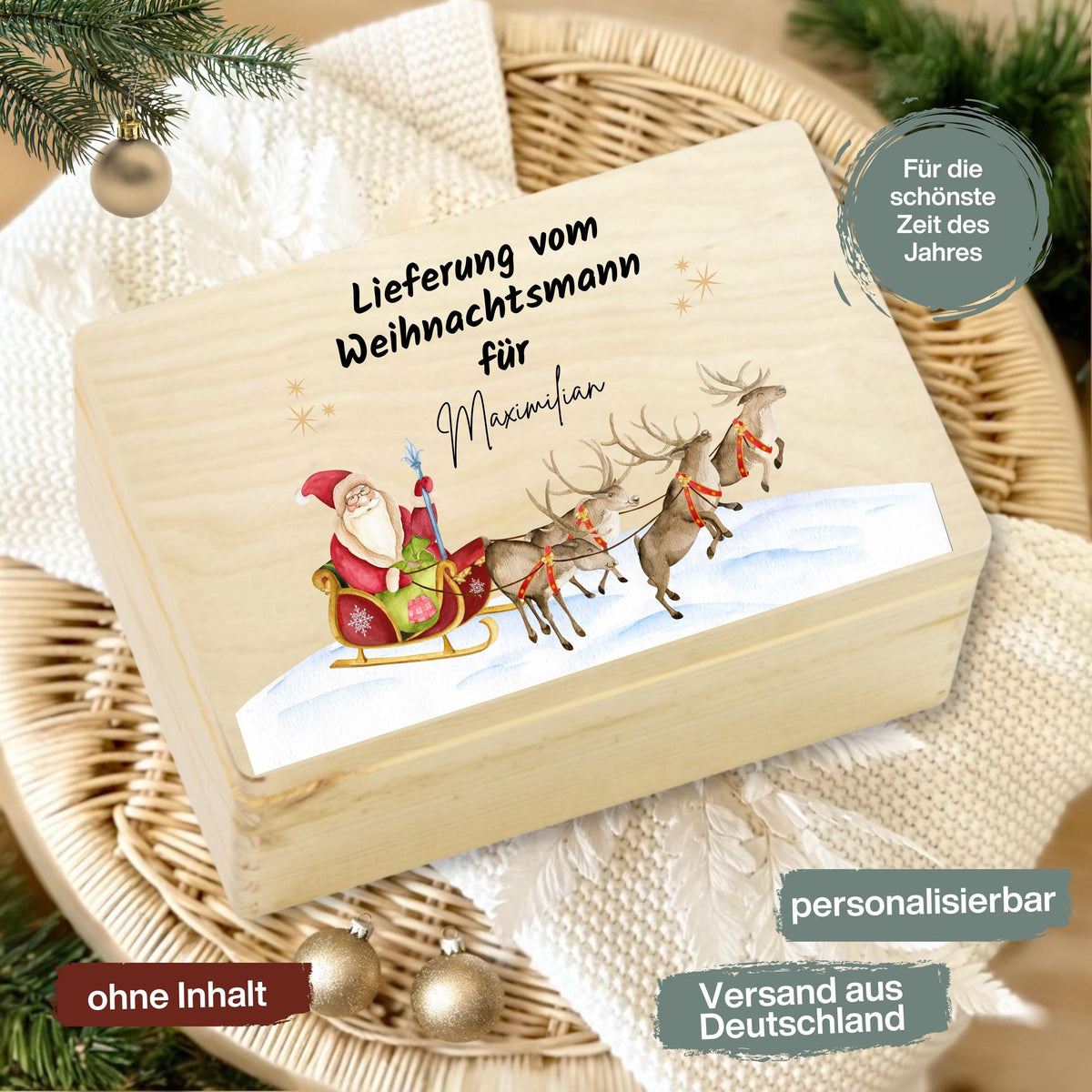 Lieferung vom Weihnachtsmann – Weihnachtskiste Holz personalisiert mit Namen, ideal als Geschenkverpackung Weihnachten oder Adventskiste. Diese dekorative Holzkiste sorgt für leuchtende Augen bei Groß und Klein. Nachhaltig, langlebig und liebevoll gestaltet – perfekt für Weihnachtsgeschenke, Wichtelüberraschungen oder persönliche Botschaften vom Weihnachtsmann. Edles Design mit Gravur und rustikalem Charme, passend zu jeder Weihnachtsdekoration. Adventskiste Geschenkbox Weihnachten Adventskiste