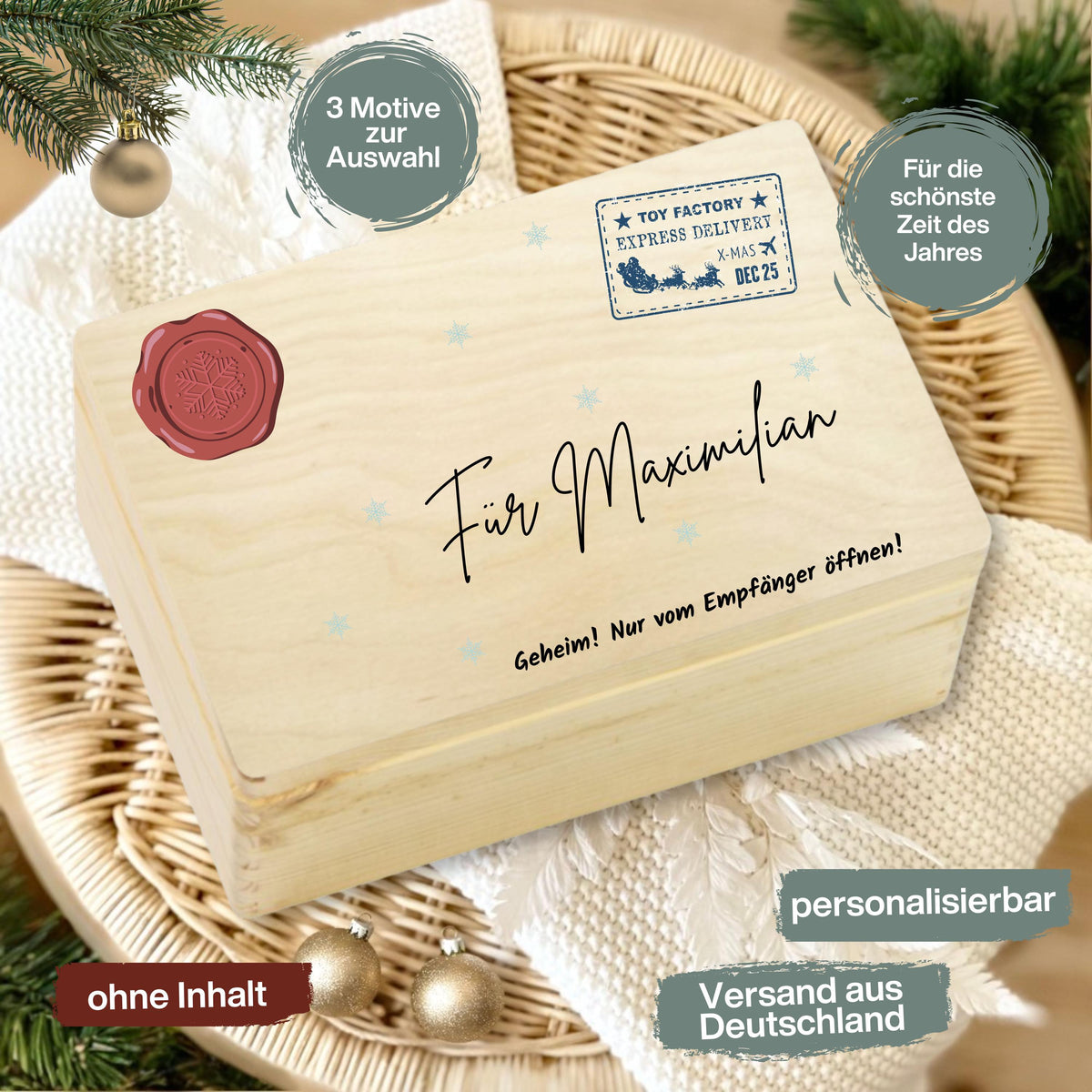 Weihnachtspost vom Nordpol – personalisierte Holzkiste mit Namen als originelle Geschenkbox Weihnachten. Diese Holz Adventskiste bietet Platz für Geschenke, Süßigkeiten oder kleine Überraschungen. Ein besonderes Weihnachtsgeschenk für Kinder oder Erwachsene, liebevoll graviert und nachhaltig gefertigt. Perfekt für alle, die eine hochwertige Weihnachtsbox aus Holz mit Namen suchen, um ihre Geschenke kreativ und festlich zu präsentieren. Weihnachtsbox Geschenkbox Adventskiste ohne Inhalt