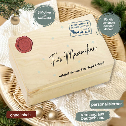 Weihnachtspost vom Nordpol – personalisierte Holzkiste mit Namen als originelle Geschenkbox Weihnachten. Diese Holz Adventskiste bietet Platz für Geschenke, Süßigkeiten oder kleine Überraschungen. Ein besonderes Weihnachtsgeschenk für Kinder oder Erwachsene, liebevoll graviert und nachhaltig gefertigt. Perfekt für alle, die eine hochwertige Weihnachtsbox aus Holz mit Namen suchen, um ihre Geschenke kreativ und festlich zu präsentieren. Weihnachtsbox Geschenkbox Adventskiste ohne Inhalt