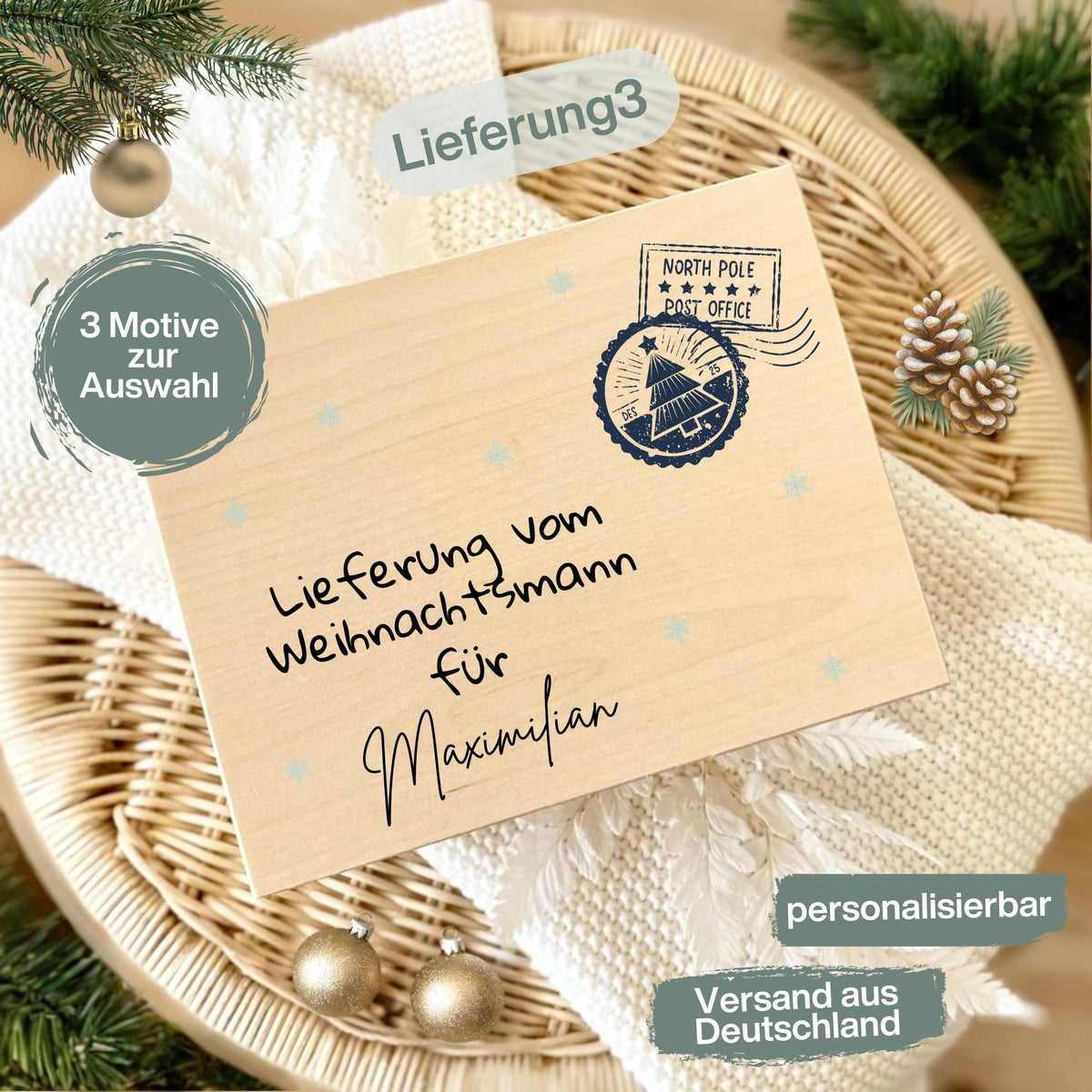 Personalisierte Lieferung-vom-Weihnachtsmann-Holzkiste aus hochwertigem Holz, ideal als Geschenkbox Weihnachten oder Adventskiste mit Namen. Perfekt zum Befüllen für Kinder, Eltern oder Freunde. Diese Weihnachtskiste mit Gravur „Lieferung vom Weihnachtsmann“ ist eine besondere Idee, um Geschenke stilvoll zu verpacken. Nachhaltige Holzkiste Weihnachten mit nostalgischem Design – ideal für Weihnachtsüberraschungen, Geschenke unter dem Baum oder als Dekoration in der Adventszeit.