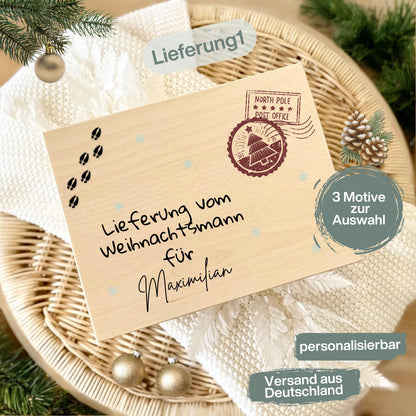 Personalisierte Lieferung-vom-Weihnachtsmann-Holzkiste aus hochwertigem Holz, ideal als Geschenkbox Weihnachten oder Adventskiste mit Namen. Perfekt zum Befüllen für Kinder, Eltern oder Freunde. Diese Weihnachtskiste mit Gravur „Lieferung vom Weihnachtsmann“ ist eine besondere Idee, um Geschenke stilvoll zu verpacken. Nachhaltige Holzkiste Weihnachten mit nostalgischem Design – ideal für Weihnachtsüberraschungen, Geschenke unter dem Baum oder als Dekoration in der Adventszeit.