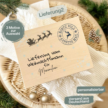 Personalisierte Lieferung-vom-Weihnachtsmann-Holzkiste aus hochwertigem Holz, ideal als Geschenkbox Weihnachten oder Adventskiste mit Namen. Perfekt zum Befüllen für Kinder, Eltern oder Freunde. Diese Weihnachtskiste mit Gravur „Lieferung vom Weihnachtsmann“ ist eine besondere Idee, um Geschenke stilvoll zu verpacken. Nachhaltige Holzkiste Weihnachten mit nostalgischem Design – ideal für Weihnachtsüberraschungen, Geschenke unter dem Baum oder als Dekoration in der Adventszeit.