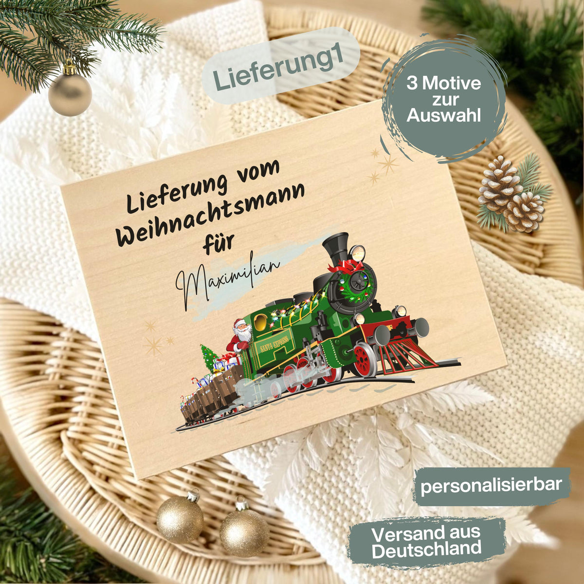 Lieferung vom Weihnachtsmann – Weihnachtskiste Holz personalisiert mit Namen, ideal als Geschenkverpackung Weihnachten oder Adventskiste. Diese dekorative Holzkiste sorgt für leuchtende Augen bei Groß und Klein. Nachhaltig, langlebig und liebevoll gestaltet – perfekt für Weihnachtsgeschenke, Wichtelüberraschungen oder persönliche Botschaften vom Weihnachtsmann. Edles Design mit Gravur und rustikalem Charme, passend zu jeder Weihnachtsdekoration. Adventskiste Geschenkbox Weihnachten Adventskiste