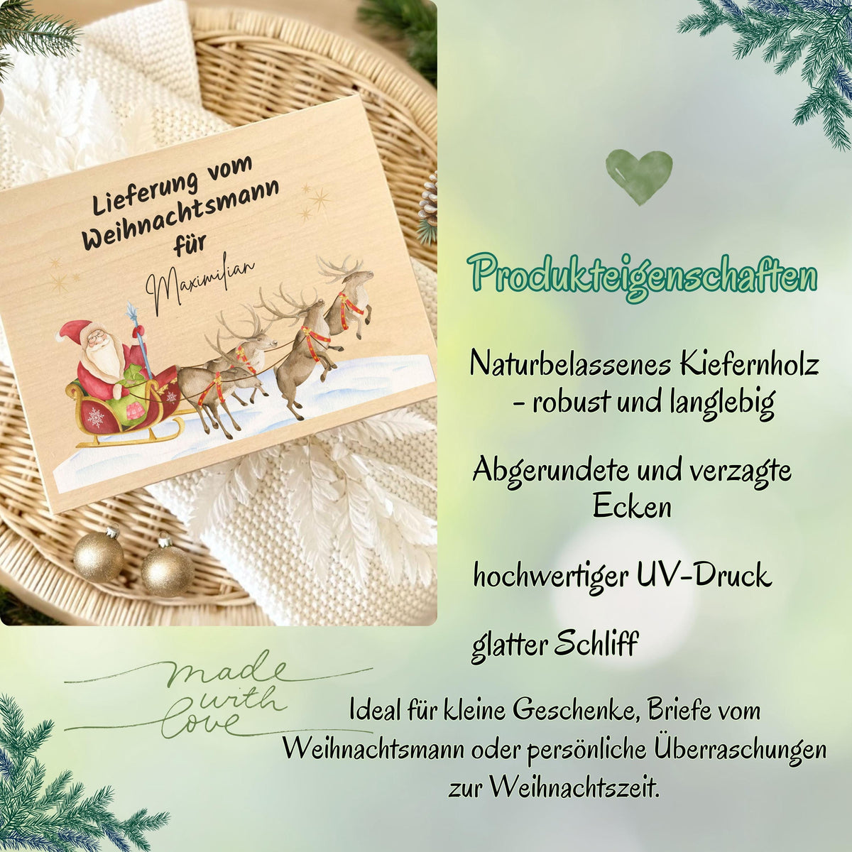 Lieferung vom Weihnachtsmann – Weihnachtskiste Holz personalisiert mit Namen, ideal als Geschenkverpackung Weihnachten oder Adventskiste. Diese dekorative Holzkiste sorgt für leuchtende Augen bei Groß und Klein. Nachhaltig, langlebig und liebevoll gestaltet – perfekt für Weihnachtsgeschenke, Wichtelüberraschungen oder persönliche Botschaften vom Weihnachtsmann. Edles Design mit Gravur und rustikalem Charme, passend zu jeder Weihnachtsdekoration. Adventskiste Geschenkbox Weihnachten Adventskiste