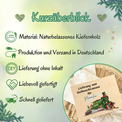 Lieferung vom Weihnachtsmann – Weihnachtskiste Holz personalisiert mit Namen, ideal als Geschenkverpackung Weihnachten oder Adventskiste. Diese dekorative Holzkiste sorgt für leuchtende Augen bei Groß und Klein. Nachhaltig, langlebig und liebevoll gestaltet – perfekt für Weihnachtsgeschenke, Wichtelüberraschungen oder persönliche Botschaften vom Weihnachtsmann. Edles Design mit Gravur und rustikalem Charme, passend zu jeder Weihnachtsdekoration. Adventskiste Geschenkbox Weihnachten Adventskiste