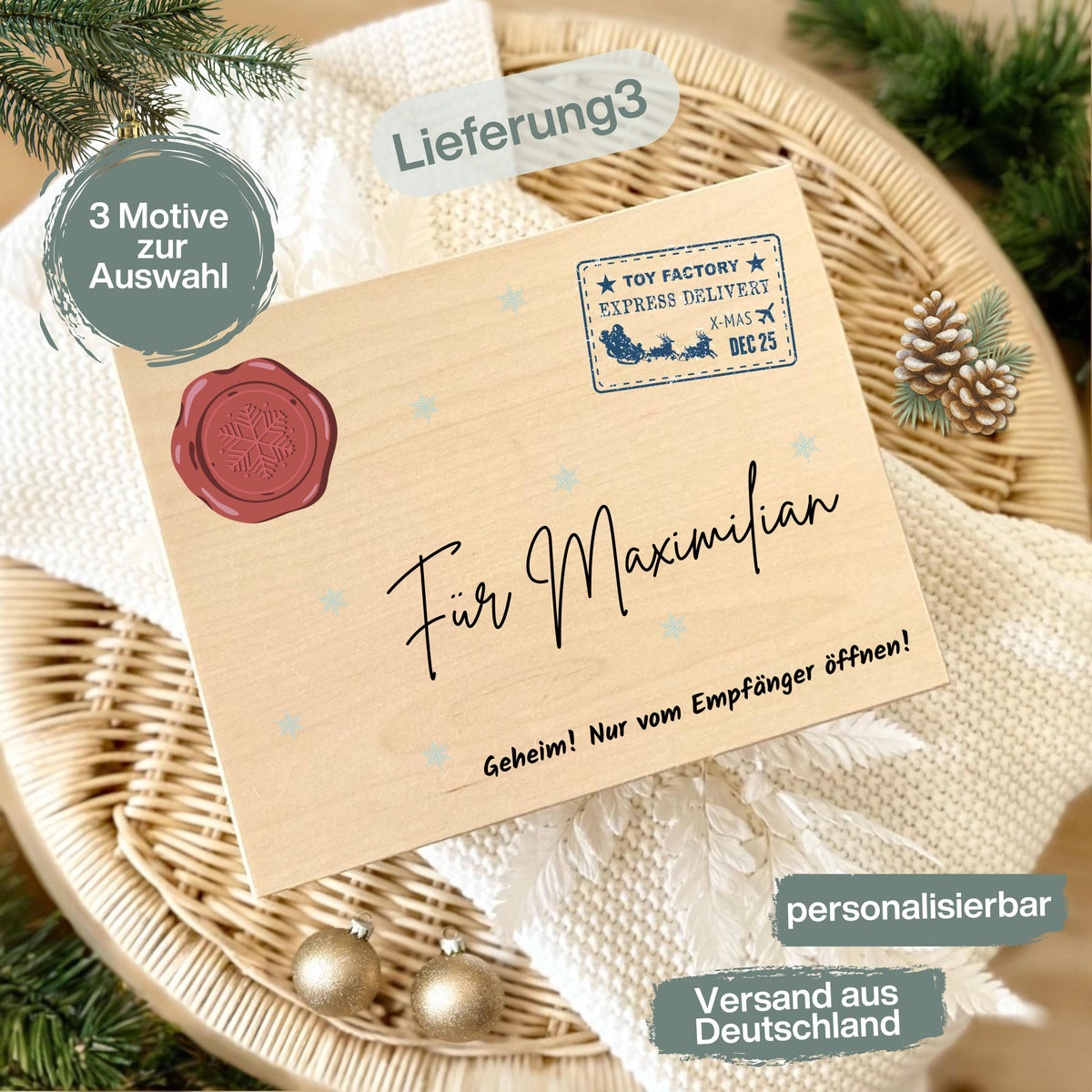 Weihnachtspost vom Nordpol – personalisierte Holzkiste mit Namen als originelle Geschenkbox Weihnachten. Diese Holz Adventskiste bietet Platz für Geschenke, Süßigkeiten oder kleine Überraschungen. Ein besonderes Weihnachtsgeschenk für Kinder oder Erwachsene, liebevoll graviert und nachhaltig gefertigt. Perfekt für alle, die eine hochwertige Weihnachtsbox aus Holz mit Namen suchen, um ihre Geschenke kreativ und festlich zu präsentieren. Weihnachtsbox Geschenkbox Adventskiste ohne Inhalt