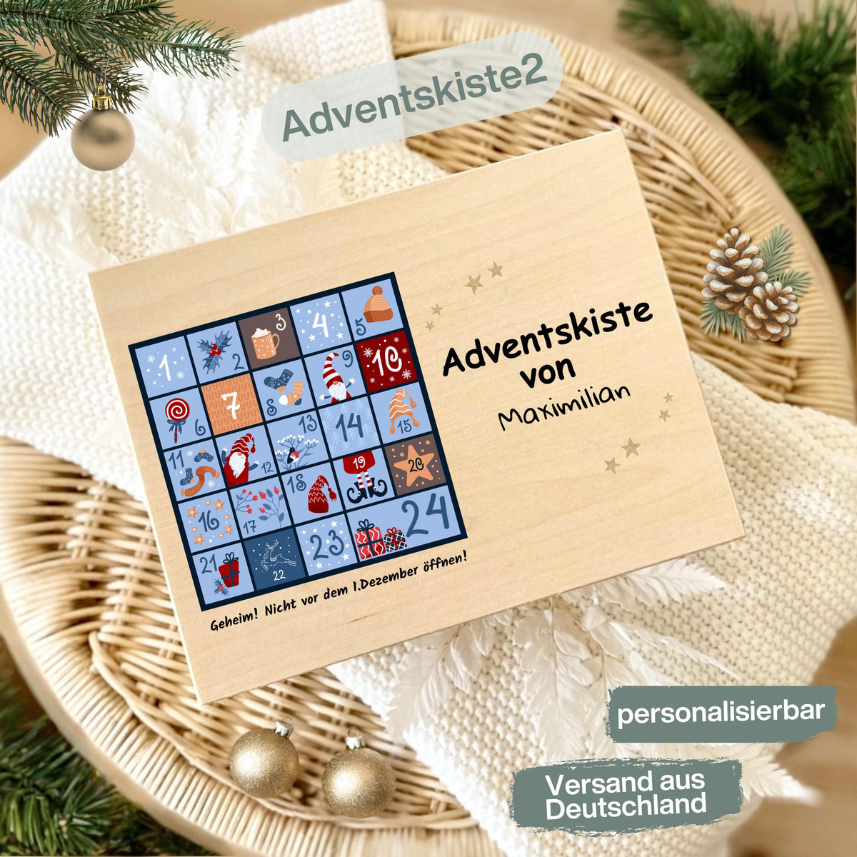 Personalisierte Adventskiste aus Holz mit Namen – hochwertige Holzkiste Weihnachten zum Befüllen mit 24 kleinen Geschenken, Süßigkeiten oder Botschaften. Diese Adventskalender-Holzbox ist ohne Inhalt und perfekt als DIY Adventskalender, Geschenkverpackung oder Weihnachtskiste. Ideal als nachhaltige Geschenkidee Weihnachten für Familie, Kinder oder Freunde. Liebevoll gestaltet, wiederverwendbar und dekorativ – ein besonderes Highlight für die Adventszeit.