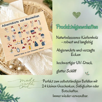 Personalisierte Adventskiste aus Holz mit Namen – hochwertige Holzkiste Weihnachten zum Befüllen mit 24 kleinen Geschenken, Süßigkeiten oder Botschaften. Diese Adventskalender-Holzbox ist ohne Inhalt und perfekt als DIY Adventskalender, Geschenkverpackung oder Weihnachtskiste. Ideal als nachhaltige Geschenkidee Weihnachten für Familie, Kinder oder Freunde. Liebevoll gestaltet, wiederverwendbar und dekorativ – ein besonderes Highlight für die Adventszeit.