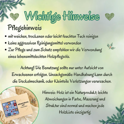 Personalisierte Adventskiste aus Holz mit Namen – hochwertige Holzkiste Weihnachten zum Befüllen mit 24 kleinen Geschenken, Süßigkeiten oder Botschaften. Diese Adventskalender-Holzbox ist ohne Inhalt und perfekt als DIY Adventskalender, Geschenkverpackung oder Weihnachtskiste. Ideal als nachhaltige Geschenkidee Weihnachten für Familie, Kinder oder Freunde. Liebevoll gestaltet, wiederverwendbar und dekorativ – ein besonderes Highlight für die Adventszeit.