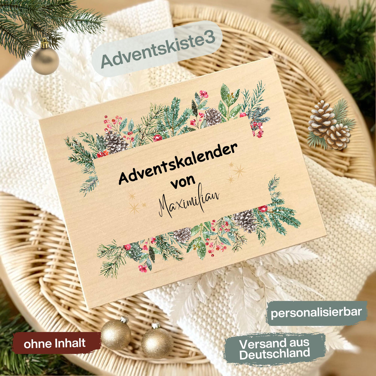 Adventskalender aus Holz personalisiert – kreative Holzkiste Weihnachten mit Namen, perfekt als DIY Adventskiste zum Selbstbefüllen. Diese hochwertige Adventsbox ohne Inhalt bietet Platz für kleine Geschenke, Schokolade oder liebevolle Überraschungen. Ideal für Familie, Kinder oder Paare als personalisiertes Weihnachtsgeschenk. Nachhaltig produziert, wiederverwendbar und stilvoll – ein Must-have für festliche Deko und persönliche Adventsfreude.