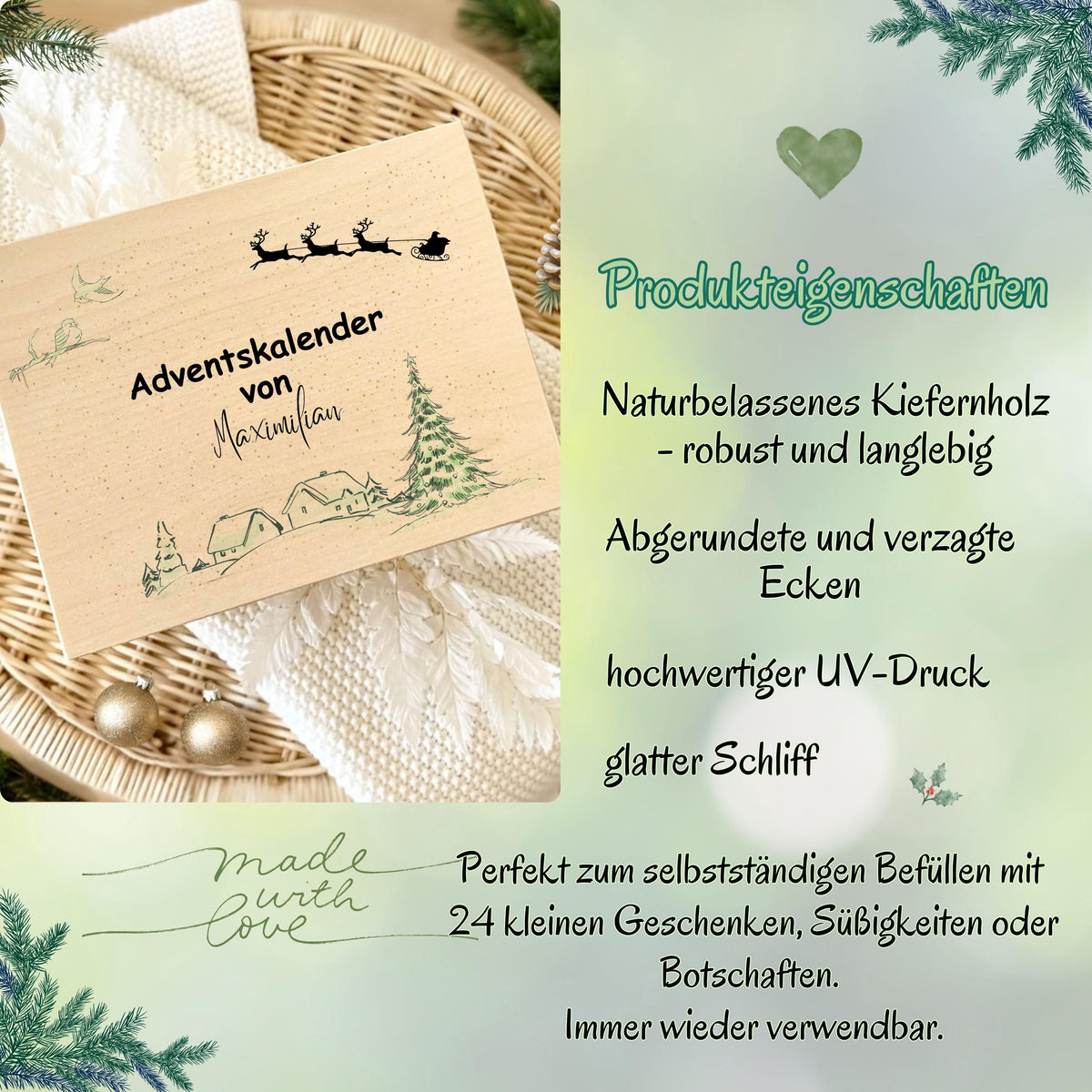 Adventskalender aus Holz personalisiert – kreative Holzkiste Weihnachten mit Namen, perfekt als DIY Adventskiste zum Selbstbefüllen. Diese hochwertige Adventsbox ohne Inhalt bietet Platz für kleine Geschenke, Schokolade oder liebevolle Überraschungen. Ideal für Familie, Kinder oder Paare als personalisiertes Weihnachtsgeschenk. Nachhaltig produziert, wiederverwendbar und stilvoll – ein Must-have für festliche Deko und persönliche Adventsfreude.